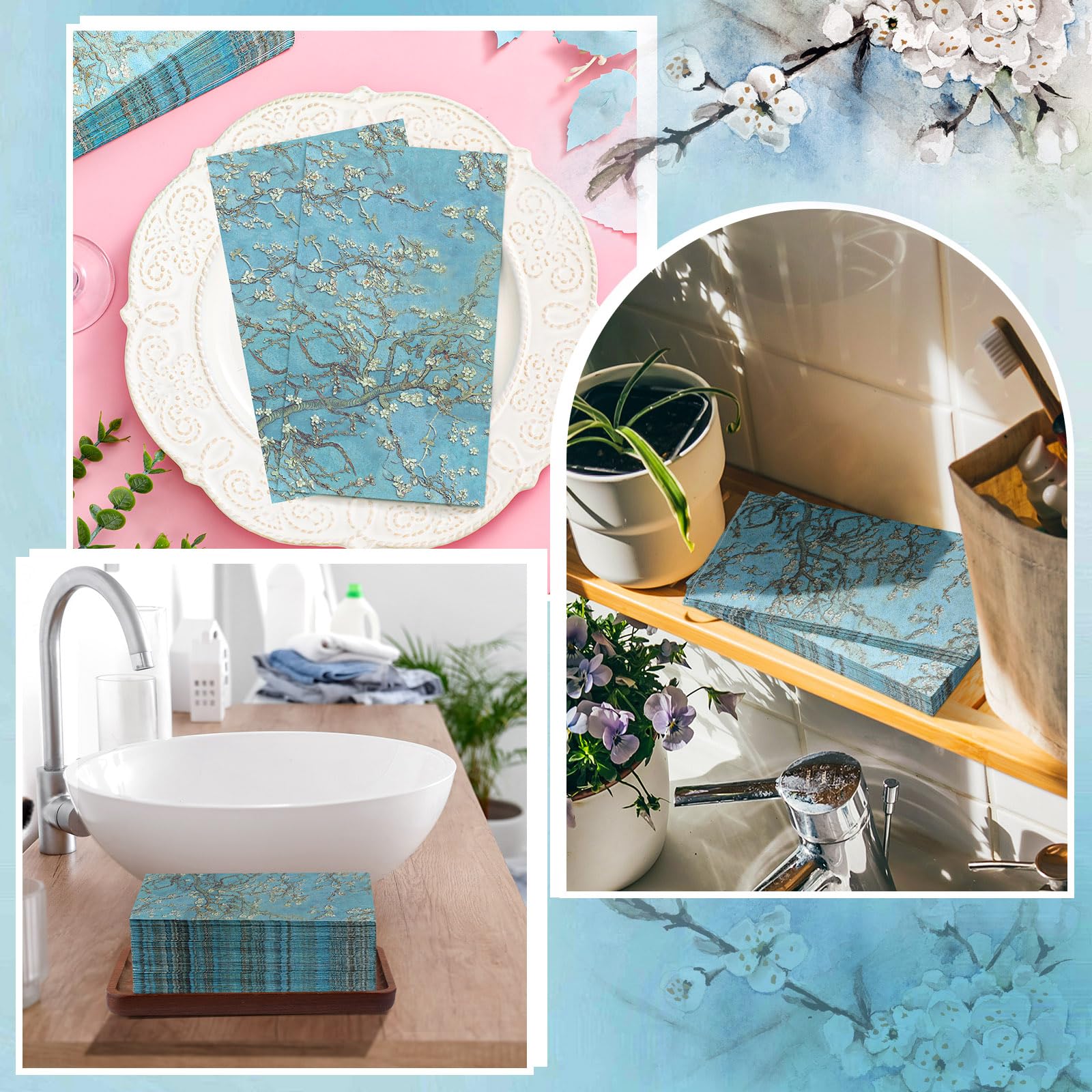 Spiareal 200 servilletas de papel azul con flores de cerezo para invitados, toallas de mano para baño, toallas de papel azules, servilletas decorativas para cena, servilletas de papel desechables para