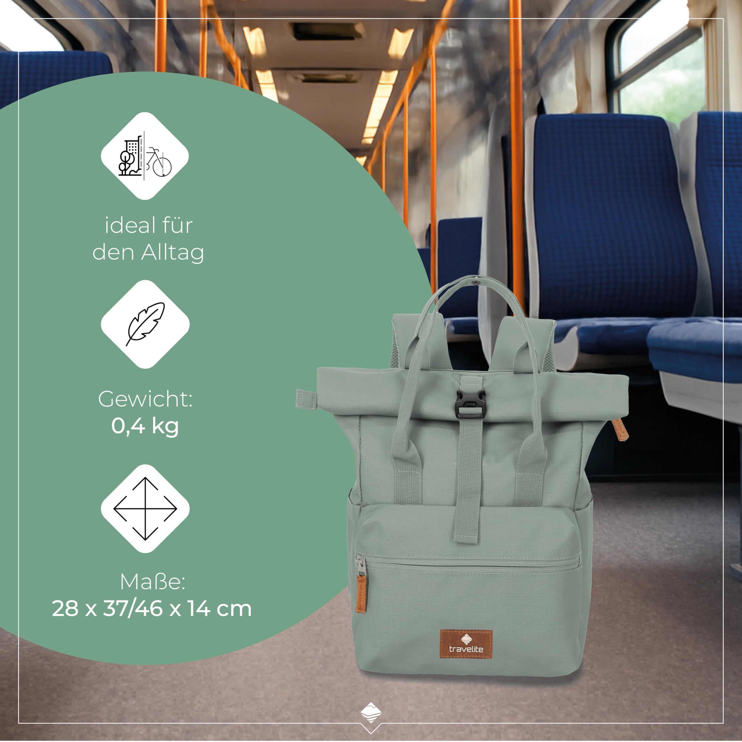 Travelite Handgepäck Rucksack, Laptop Rucksack 14 Zoll, Basics Short Handle Rollup, Reiserucksack Rolltop Funktion