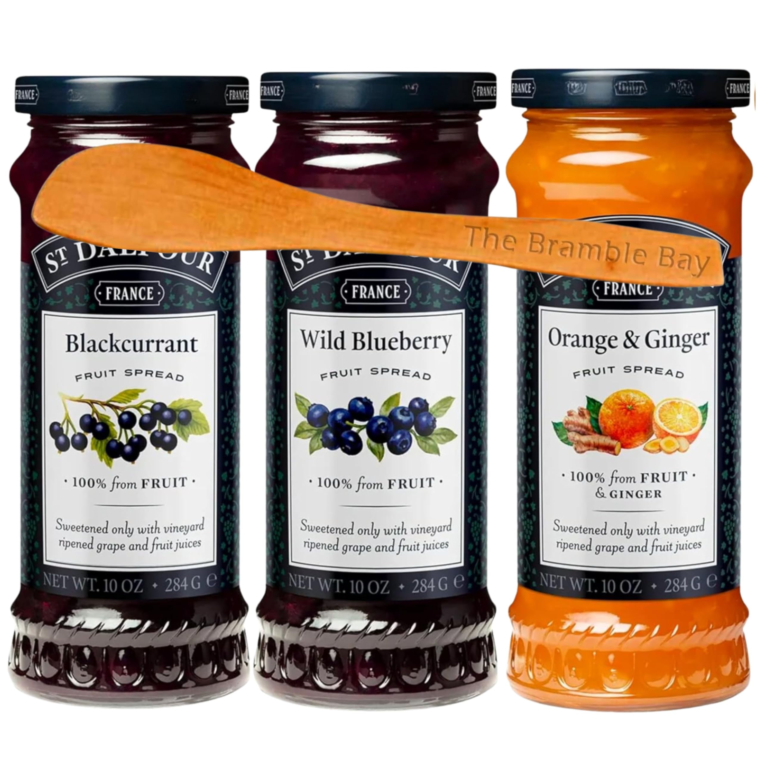 Jams & Preserves bundle includes Fruit Spreads Blackcurrant, Wild Blueberry, Orange & Ginger 284g x3, Wooden Spreader
