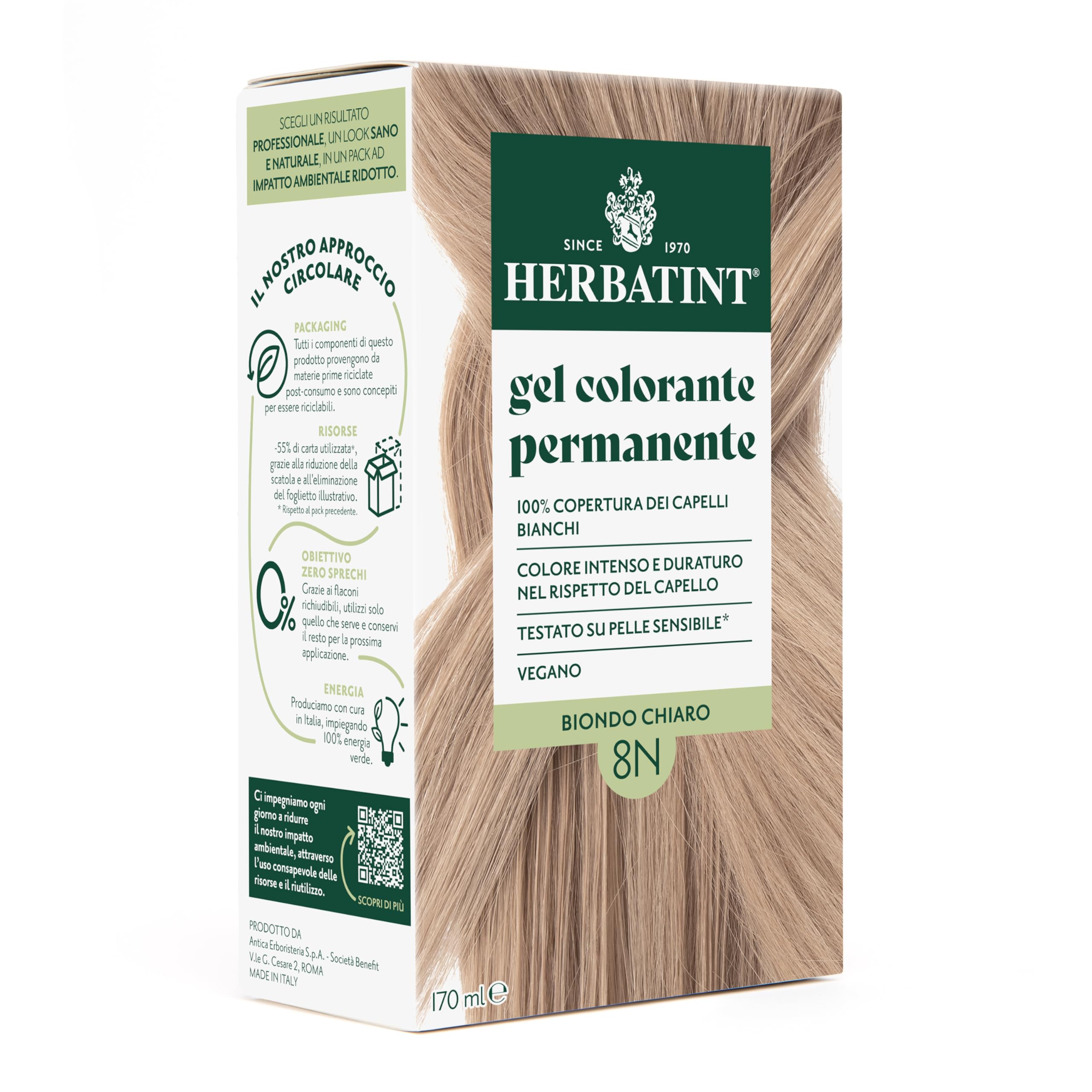 Herbatint Trwały żel do farbowania włosów 8N jasny blond - 170 ml | bez amoniaku, 100% białe włosy | dla wrażliwej skóry, z 8 naturalnymi ekstraktami organicznymi