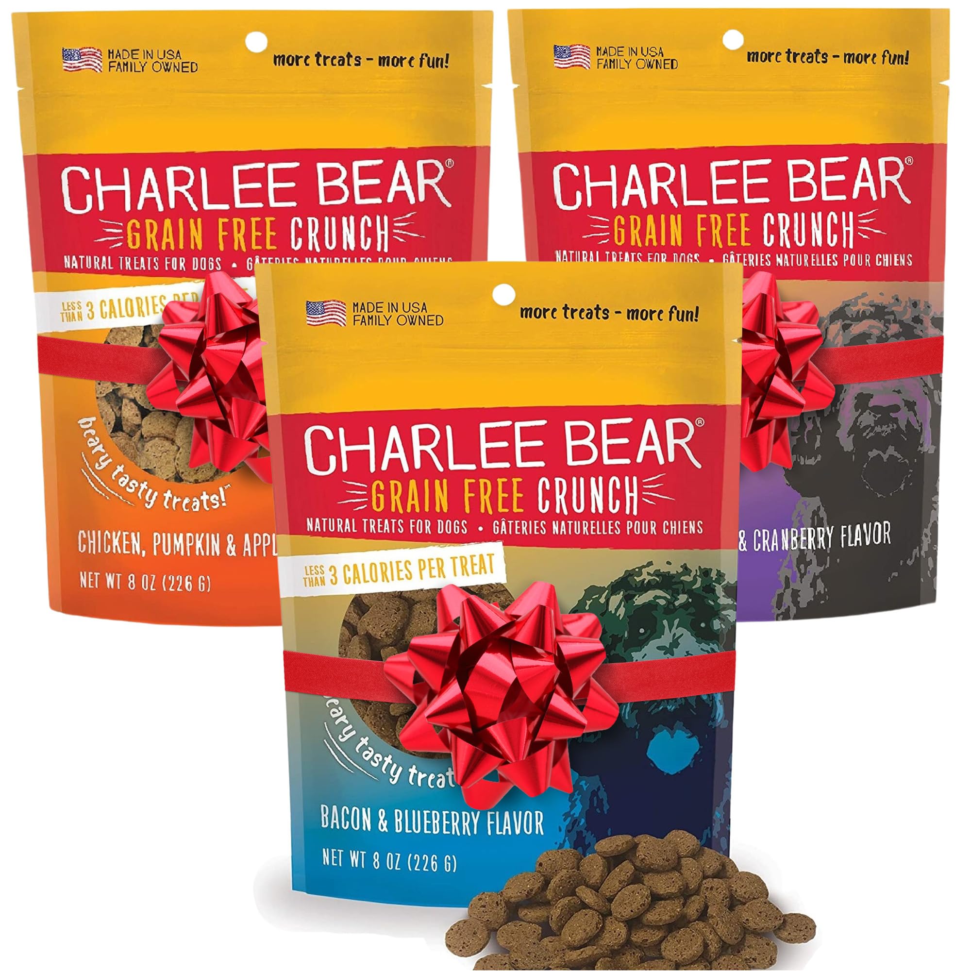 Charlee Bear Grain Free Bear Crunch Dog Treats 3 Flavor Variety Bundle: (1) Bacon & Blueberry Flavor, (1) Chicken, Pumpkin & Apple Flavor, and (1) Turkey, Sweet Potato & Cranberry Flavor, 8 Ounces