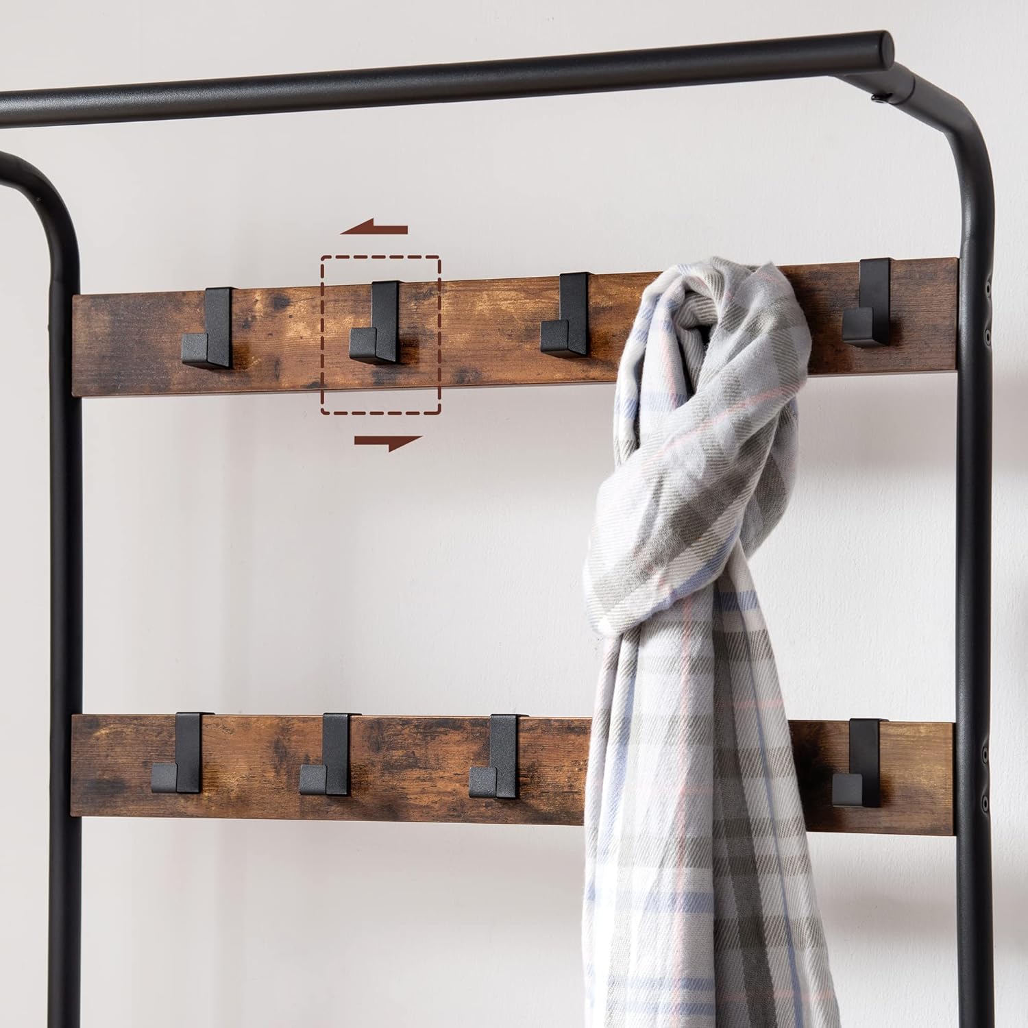 Close-up of the adjustable hooks on the VASAGLE HSR40B Coat Rack