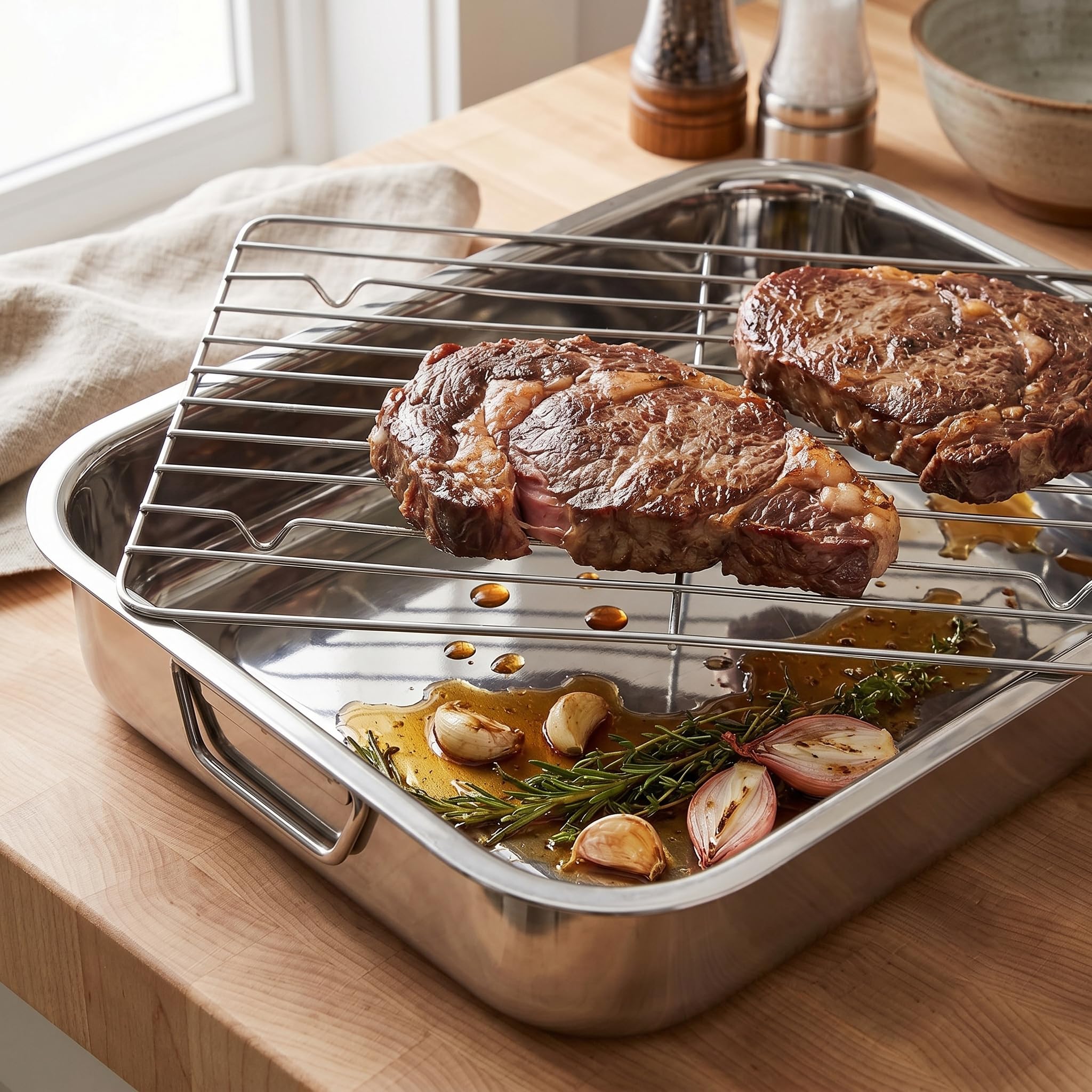 MGE - Oven Roaster with Grill - Taca do Pieczenia - Prostokątna Patelnia do Pieczenia w Piekarniku z Grillem - Stal Nierdzewna - 40 cm