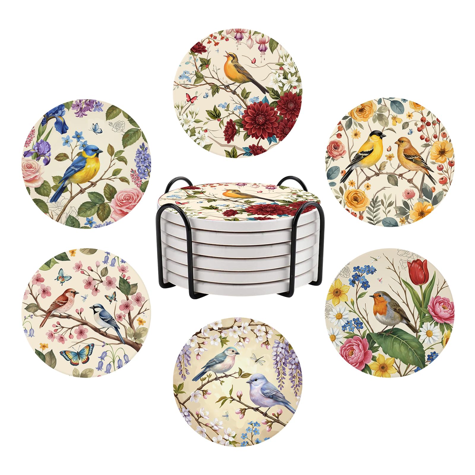 Bird-themed Ceramic Coasters, Set of 6 Drink Coasters, with Metal Holder, Absorbent Round Non-Slip Drink Mug Cup Coaster Housewarming Room Bar Fashion Decoration Gift