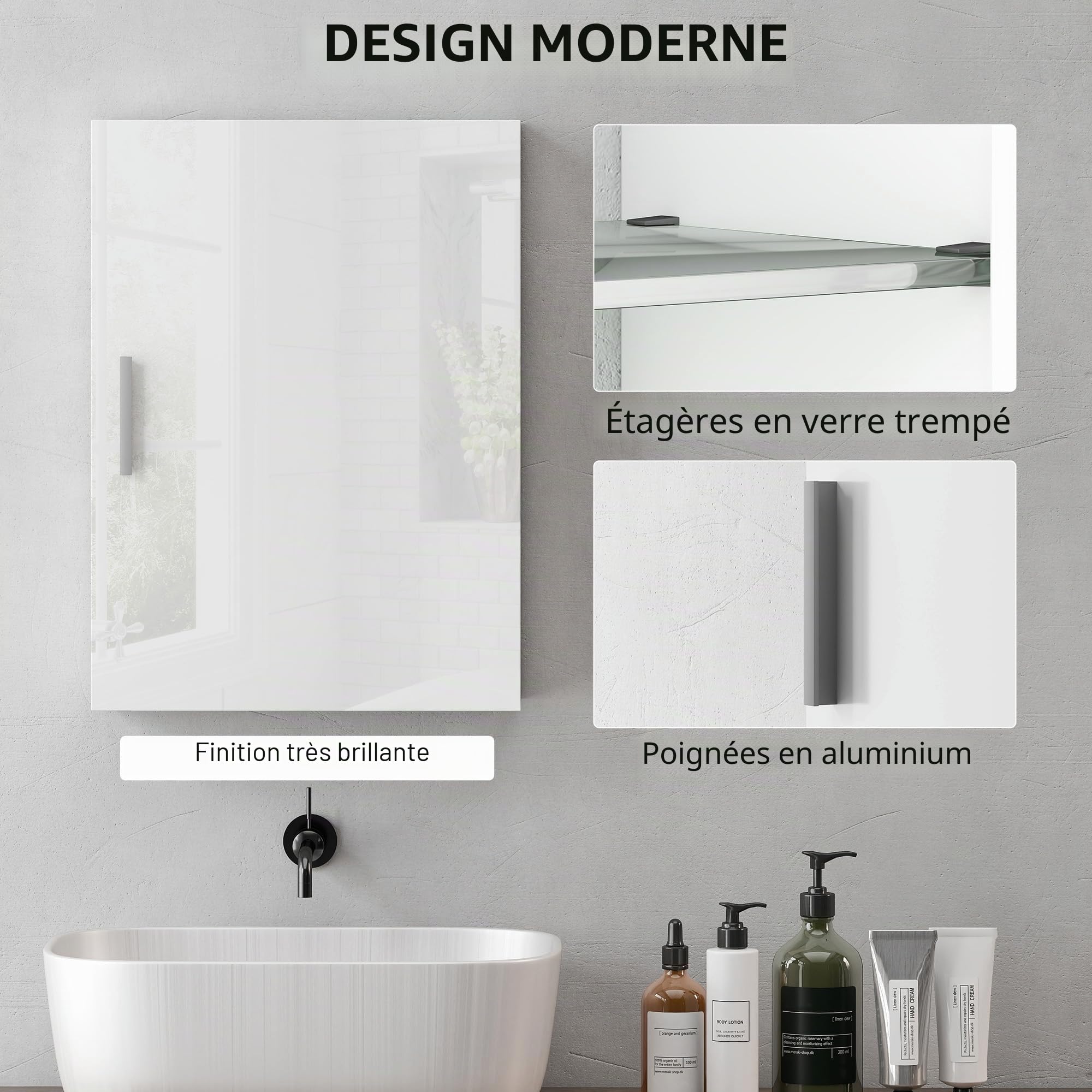 HOMCOM Armoire de Salle de Bain Murale, Meuble de Salle de Bain Suspendu avec étagères réglables en Verre trempé, Gain de Place, pour entrée, 40 x 15 x 55 cm, Blanc Brillant