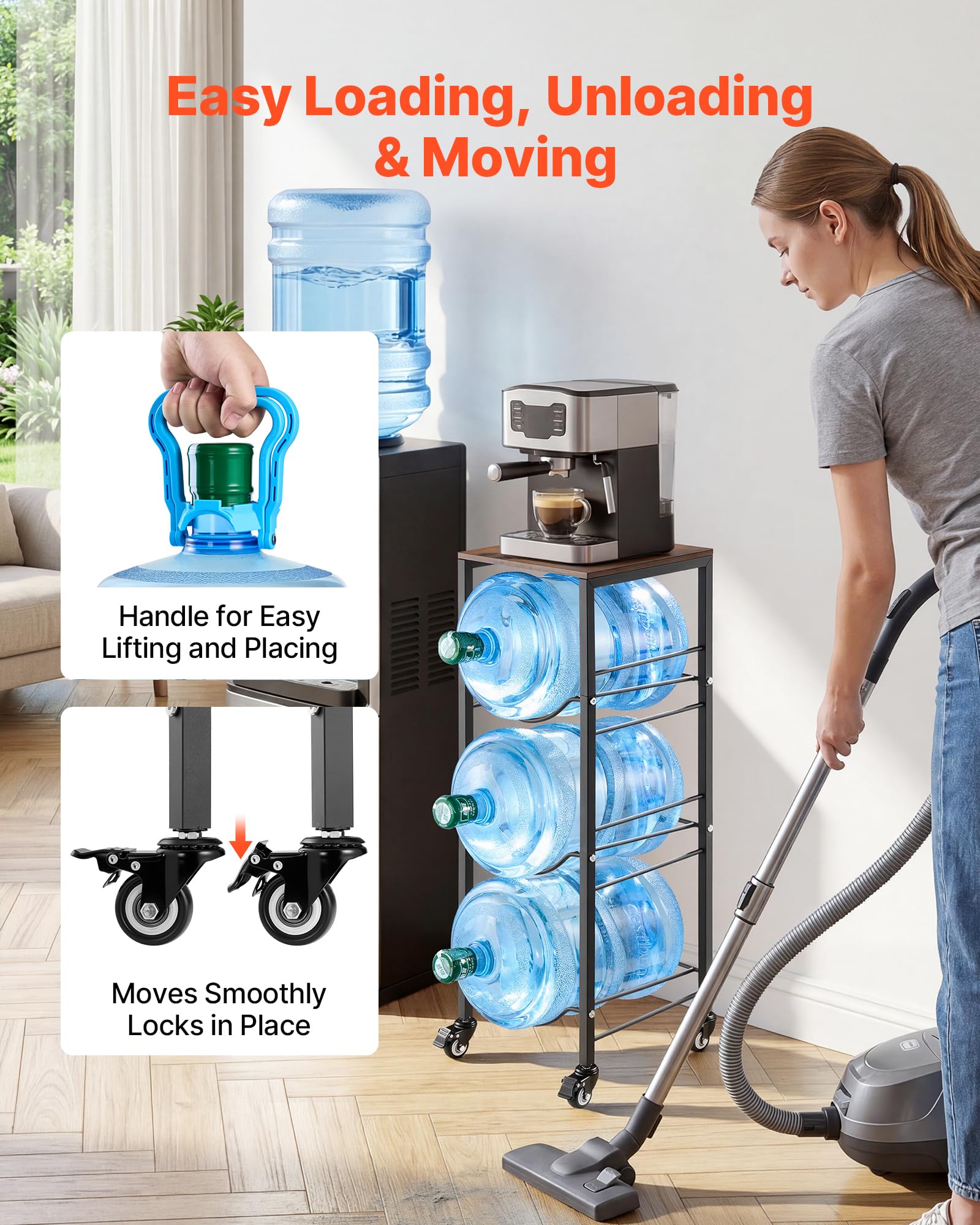 VEVOR Estante para Garrafas de Agua, Soporte para Botellones de Agua, Estantería con Ruedas con Freno para 3 Botellas con Estante Superior, Organizador de Almacenamiento para Oficina Comedor Salón
