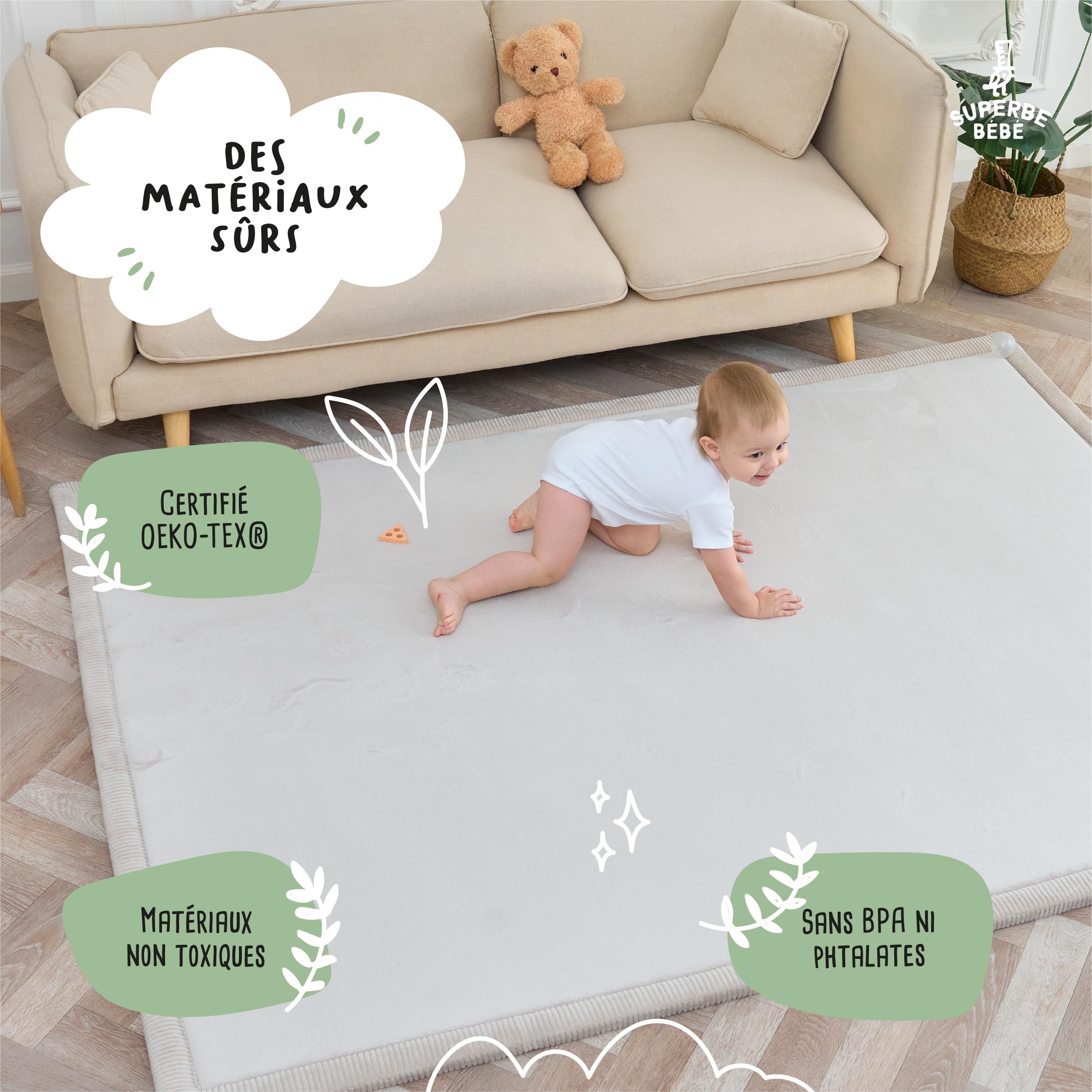 SUPERBE BEBE - Tapis De Jeu Et D’Éveil Bébé 150x200X2,5CM – Épais Et Anti-Choc - Mousse Mémoire De Forme Non Toxique Oeko-Tex – Tapis Chambre Bébé Et Enfant - Design Elegant (Beige UNI)