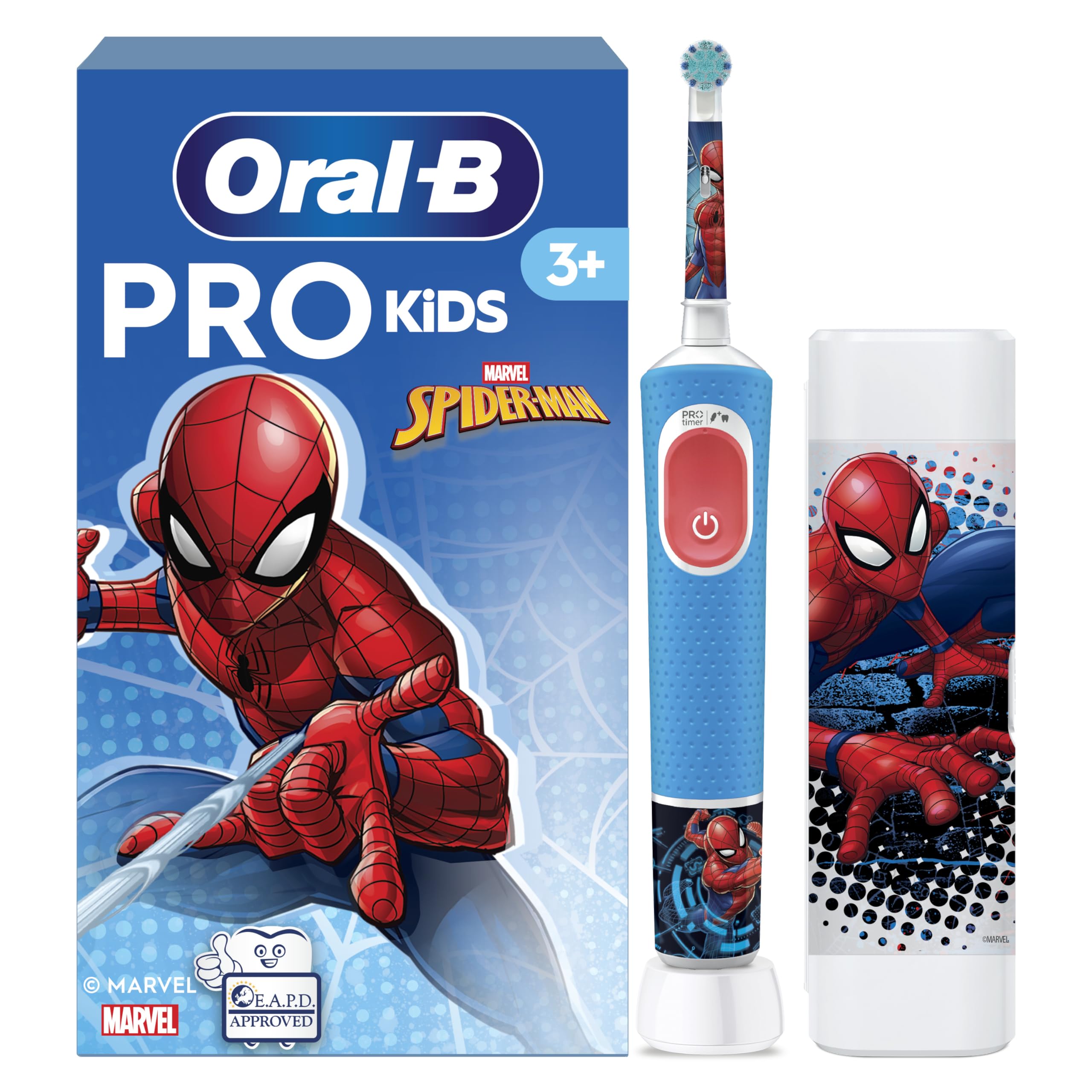Oral-B Pro Kids Electric Toothbrush, 1 Toothbrush Head, x4 Spiderman Stickers, 1 Travel Case, 2 Modes with Kid-Friendly Sensitive Mode, For Ages 3+, 2 Pin UK Plug, Blue