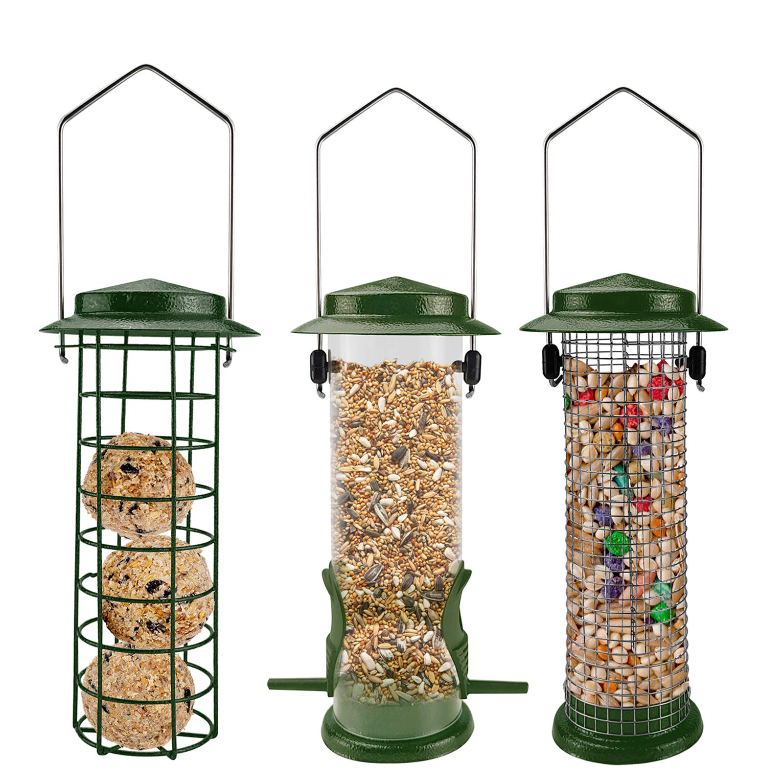 MIXXIDEA Tube Bird feeders for Outdoors Hanging Metal Bird Suet Feeder with Steel Hanger, Peanut Bird Feeder for Nuts, Sunflower Seed Feeder, Water Resistant Hummingbird Feeder Set of 3 (Green)