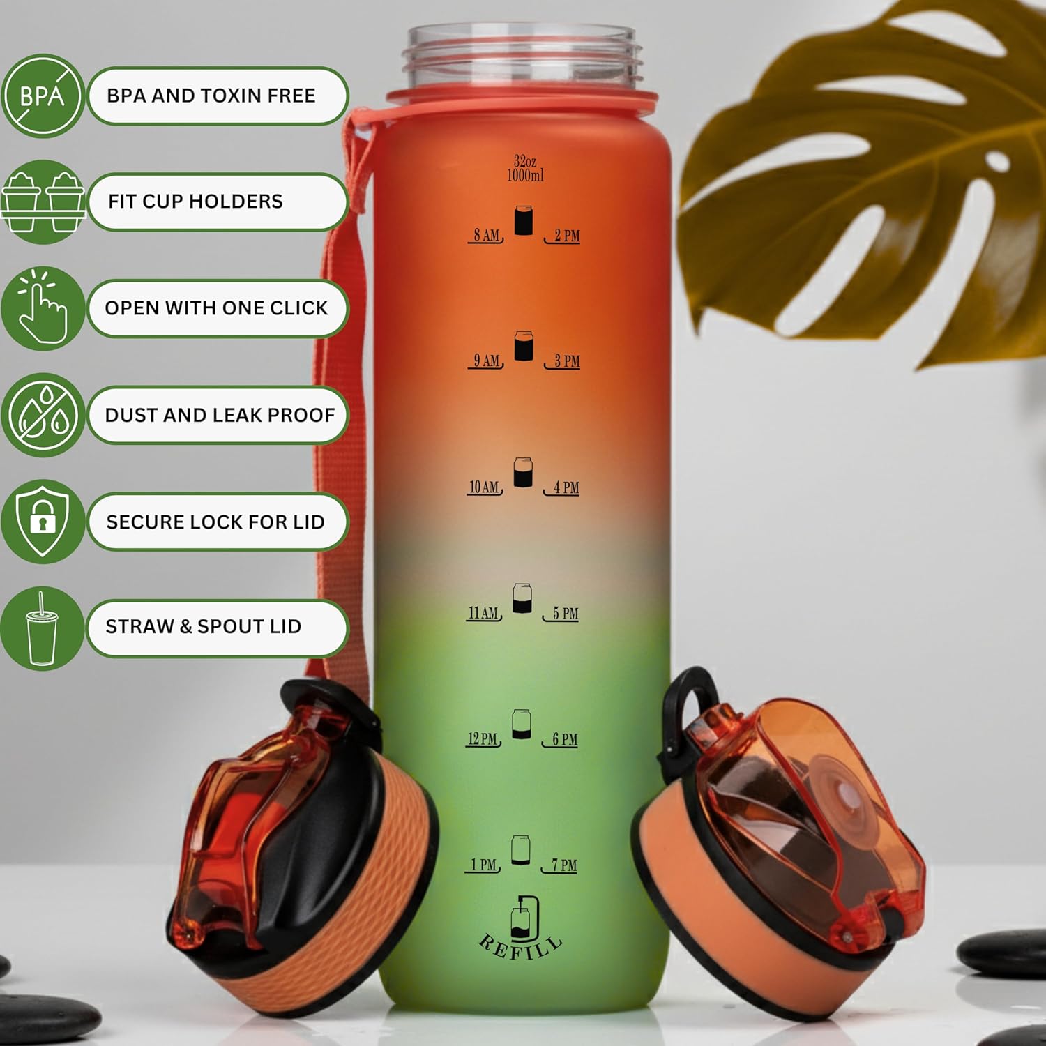 Motivational Water Bottle with Time Marker – BPA/BPS-Free Tritan Bottle – Leak-Proof Design with Straw & Fast Flow Lids – Perfect for Gym, Outdoor Sports, and Fitness (Gradient Orange/Green)