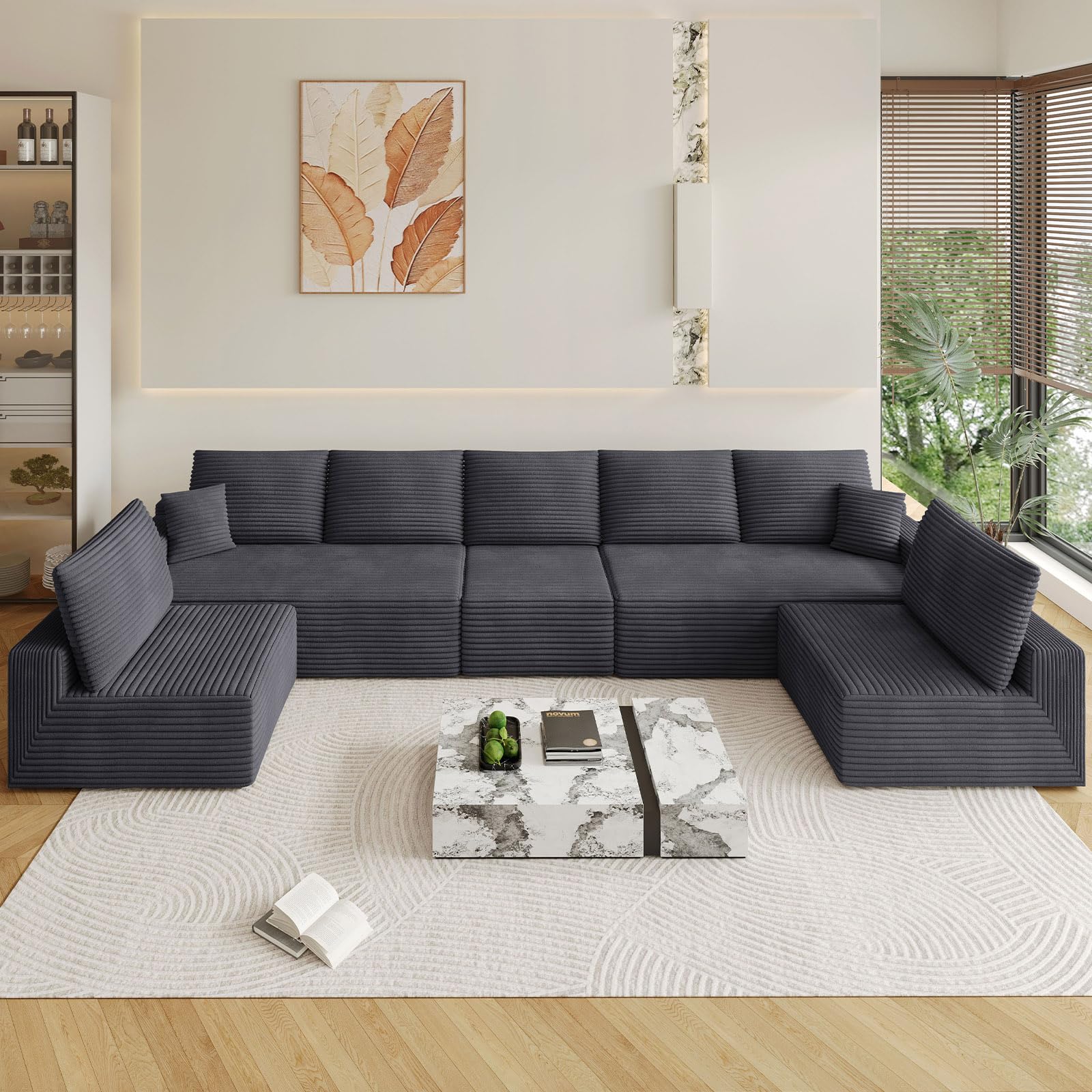 Oversized Modular Sectional Sofa Couch, Large 7 Seater Corner Sofa Modern U Shaped Sectional Couch Cloud Couches for Living Room, Office, Spacious Space, Corduroy, No Assembly Required, Dark Grey