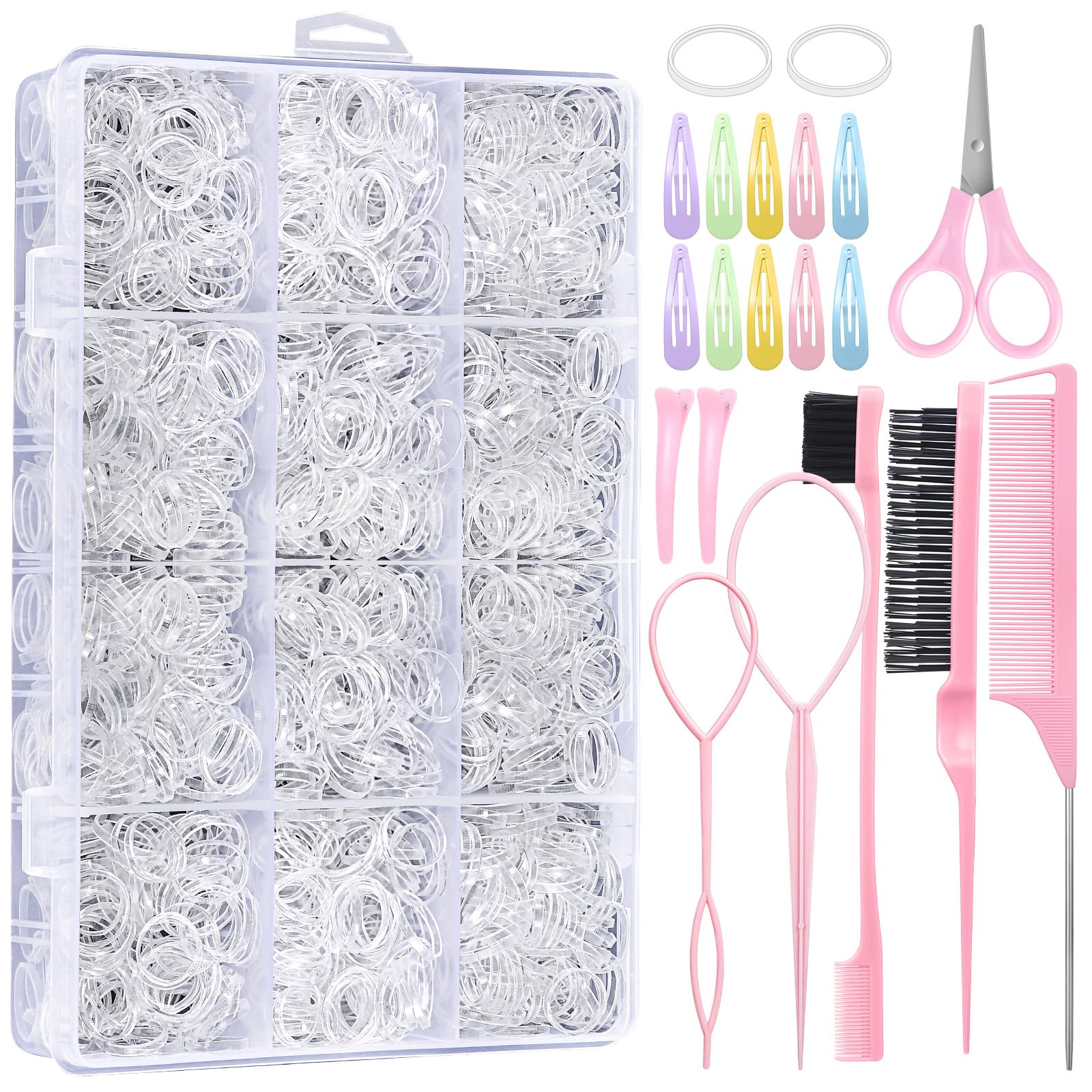 Juego de 2200 lazos elásticos transparentes para el cabello con 18 herramientas para peinar el cabello, mini bandas elásticas transparentes para el cabello, tijeras para cortar el pelo, accesorios