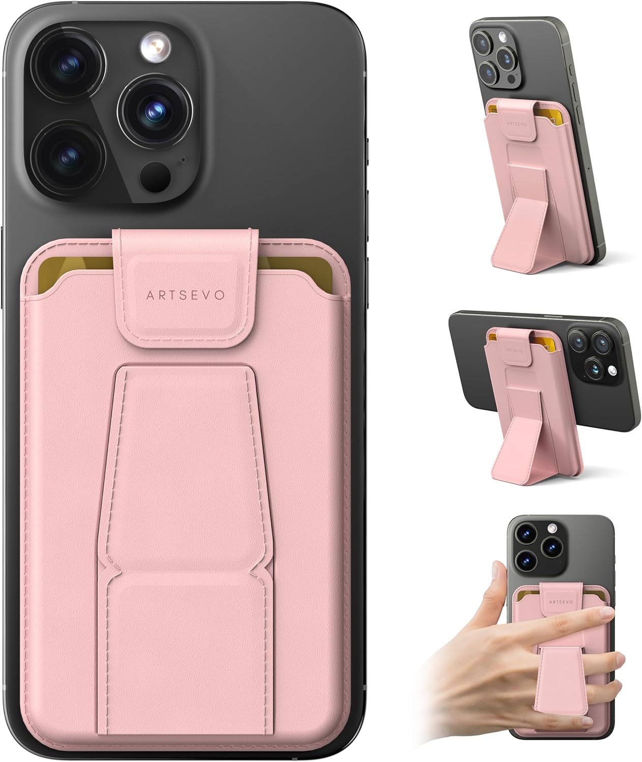 ArtsEvo Magnetic Wallet with Stand and Finger Loop, Up to 3,000g Magnet Strength, Compatible with iPhone Magnetic Wallet for iPhone 17/16/15/14/13/12 Series (Not for 13/12 Mini). Max 3 Card Holder