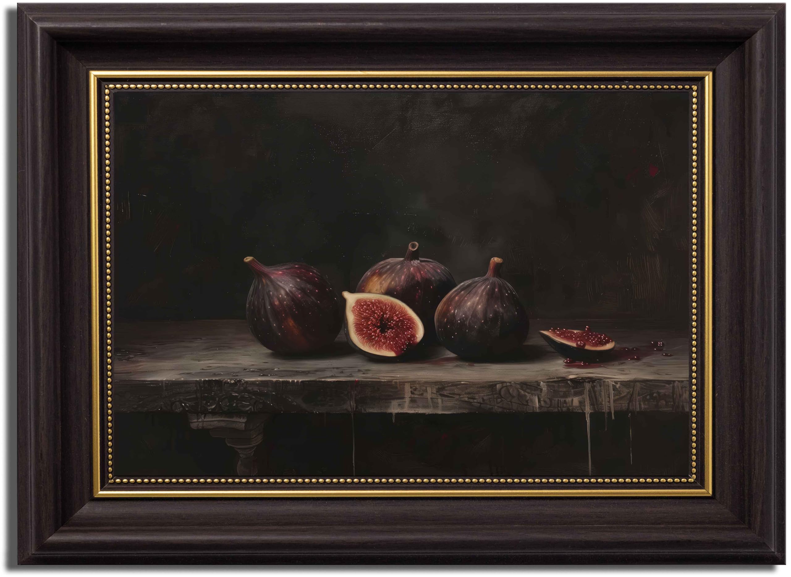 Vintage Fig Dark Brown Framed Canvas Wall Art Dark Fruit Still Life painting Decor Pictures Country Farmhouse Moody Fruit Bedroom Living Posters Prints for Corr
