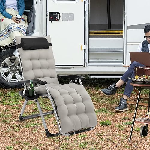Miniatura 2 de Kcelarec Silla plegable de gravedad cero, sillón reclinable con cojín extraíble y bandeja para interiores y exteriores, silla reclinable plegable