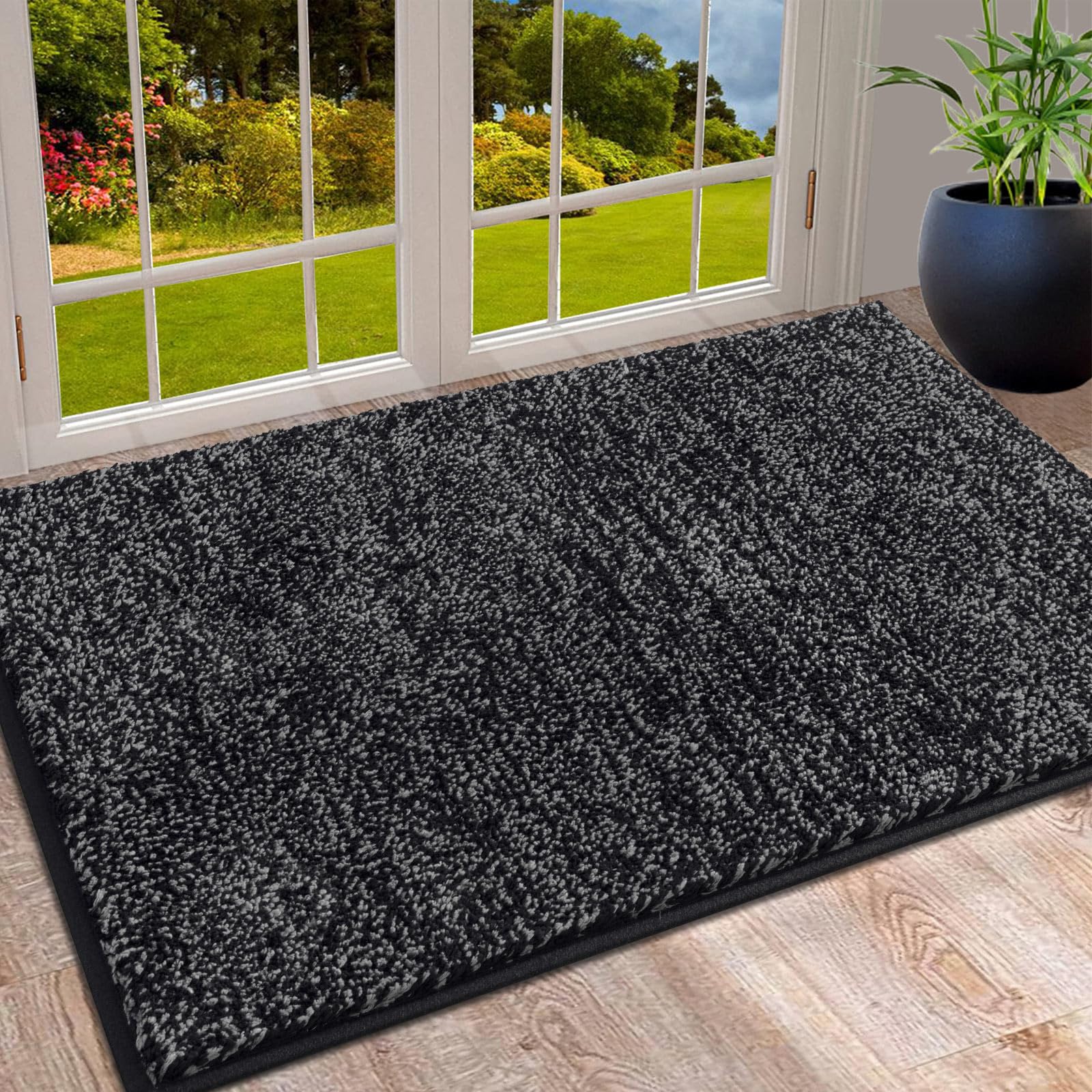 SHACOS Door Mat Indoor, Microfiber Dust Dirt Trapper Door Mats, Non-Slip Machine Washable Bath Mat, Soft Bathroom Mat, Super Absorbent Entrance Mat, Black Grey, 80 x 120 cm