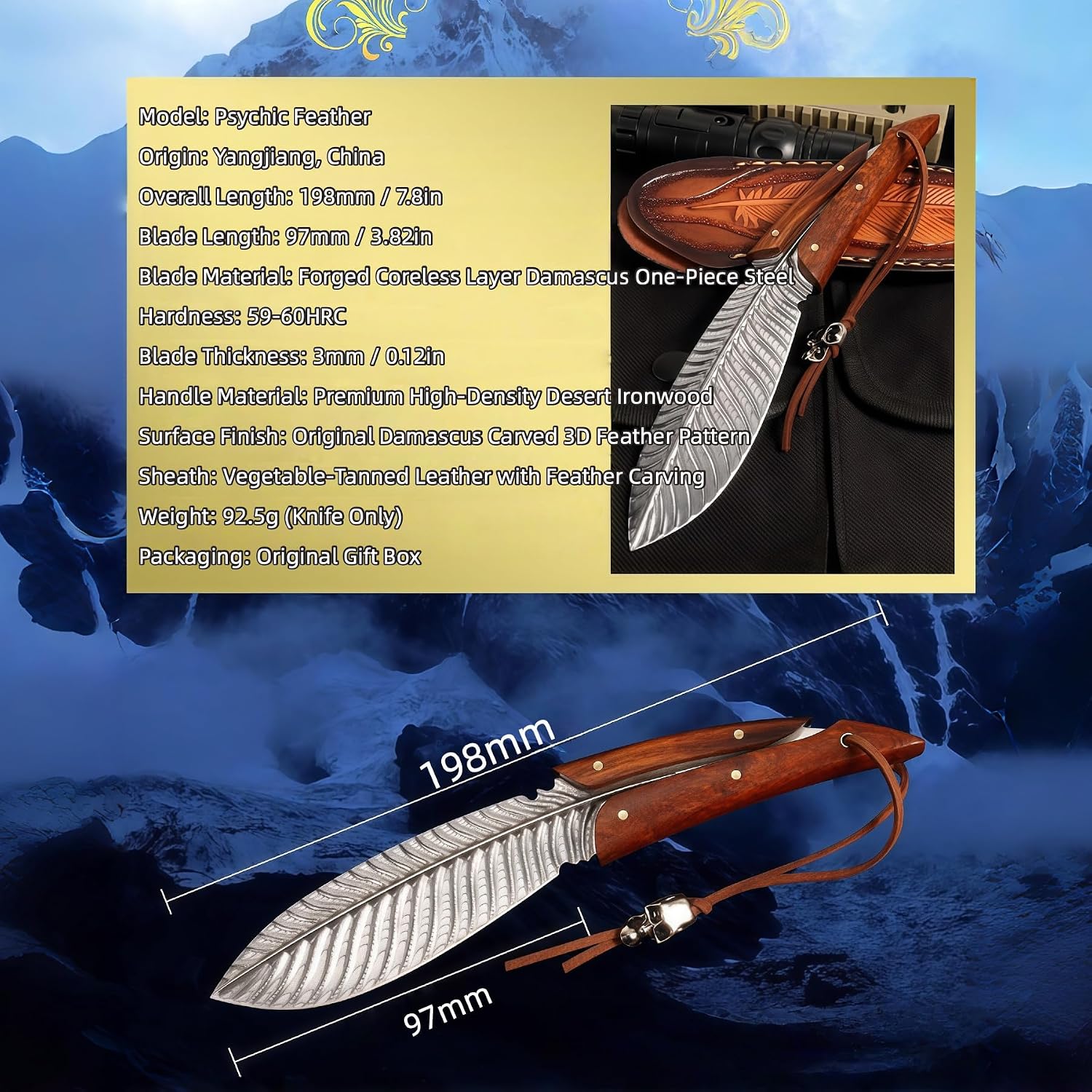 Damascus Knife, Hunting & Knives & Tools, Personalized Engraving, Knives, Fixed Blade,HRC 60, Sandalwood Handle, Premium Leather Sheath, Hand-Forged Damascus Folding Knife, Gifts for Guys