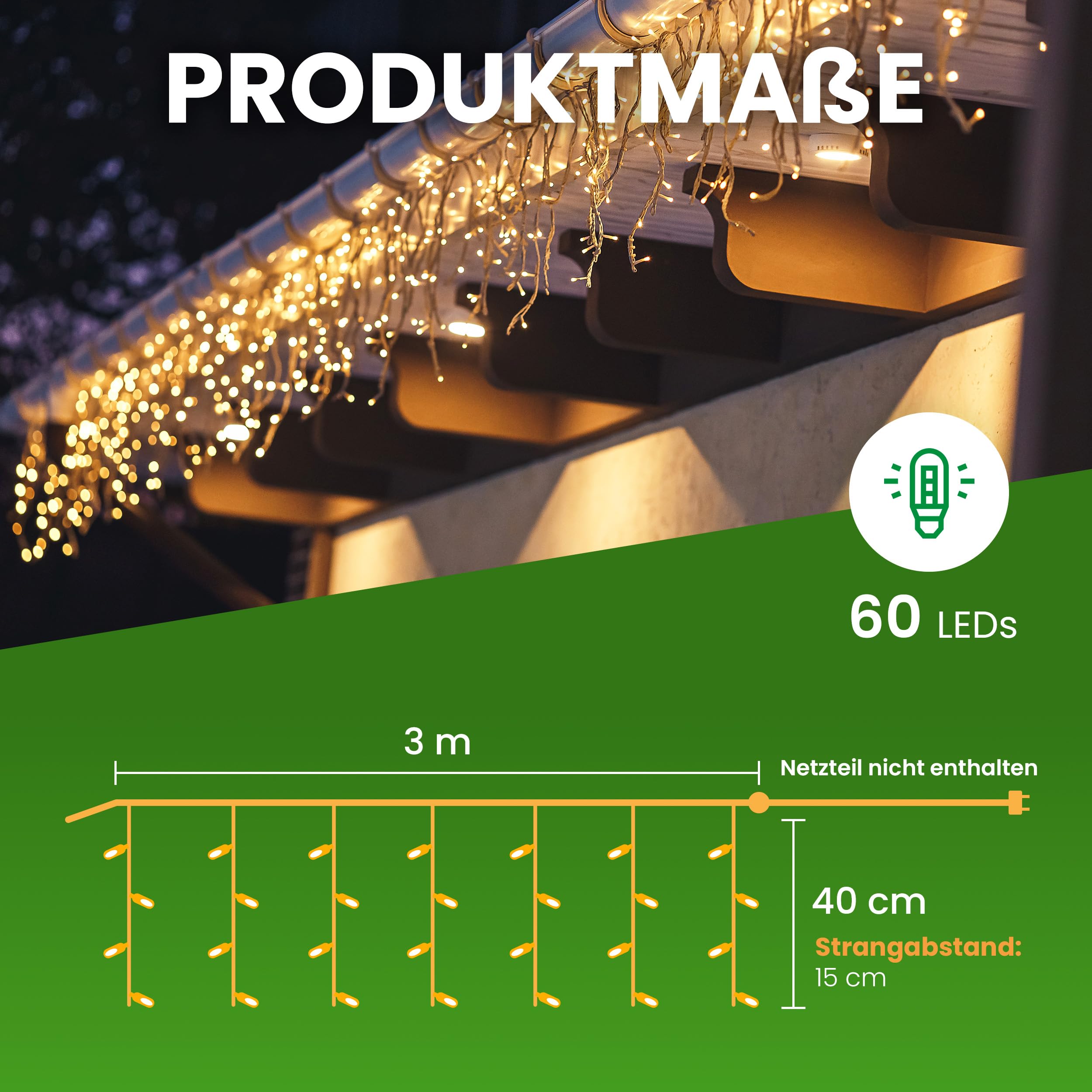 LED Eisregen Lichterkette 3 m 60 LED warmweiß IP44 | Für Innen & Außen | Ideal für Weihnachten, Dach, Balkon & Dekoration