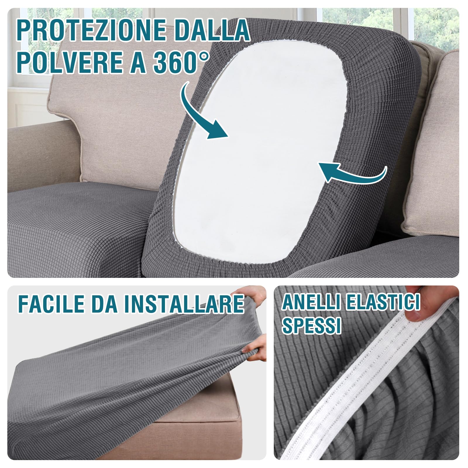 BellaHills Elasticizzato Copridivano 3 Posti Con Penisola, Copriseduta Divano, Copricuscino Divano, Soft Copri Cuscino Divano, Copri Seduta Per Divano (3 Posto + Chaiselongue, Grigio Chiaro)
