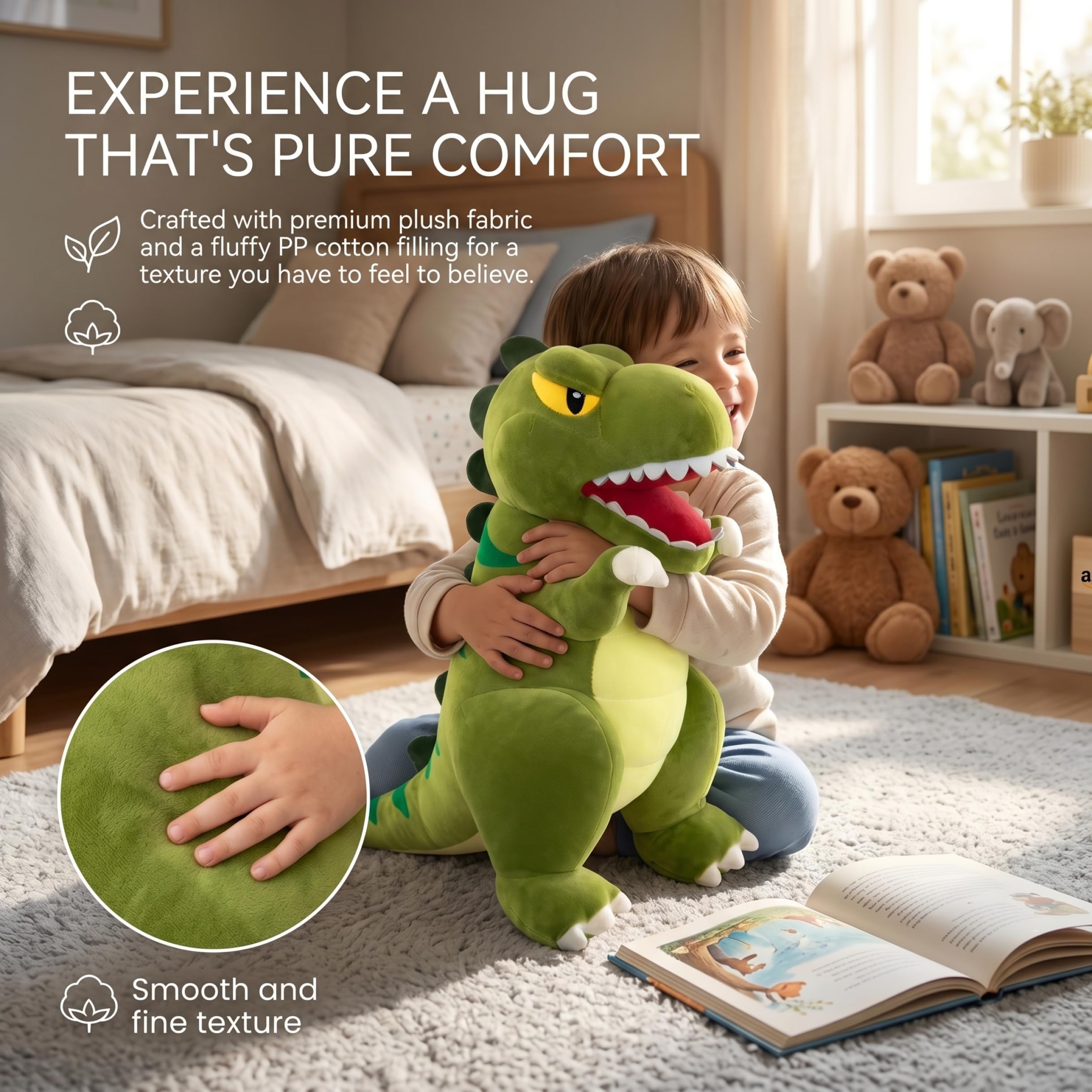 Dinosaurio de Peluche, Lindo Juguete de Peluche de Dinosaurio, Almohada Suave y tierna, compañero para niños, Verde, 23, 62 Pulgadas (60 cm)..