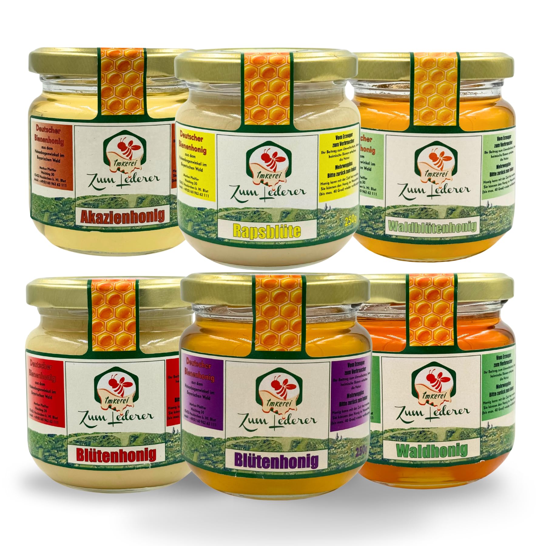 Rohhonig direkt vom Imker aus Bayern - 6 x 250g verschiedene Honigsorten - cremiger, flüssiger, roher Honig aus dem Bayerischen Wald - Raw Honey - deutscher Roh Honig von der Imkerei "Zum Lederer"
