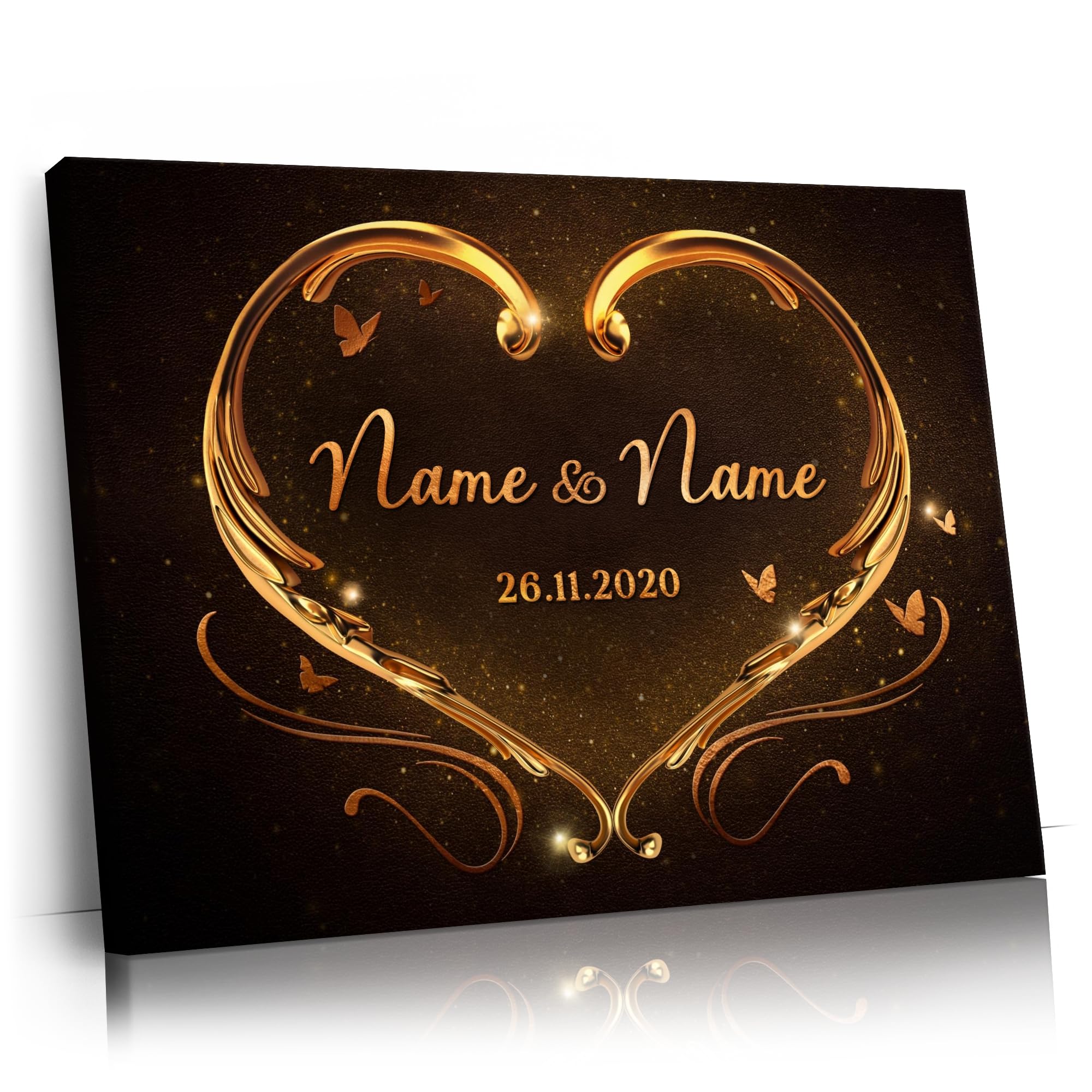 Liebesleinwand | Leinwand mit Namen und Datum | Wandbild gestalten, Jahrestag Geschenk für Frauen und Männer | Goldenes Herz