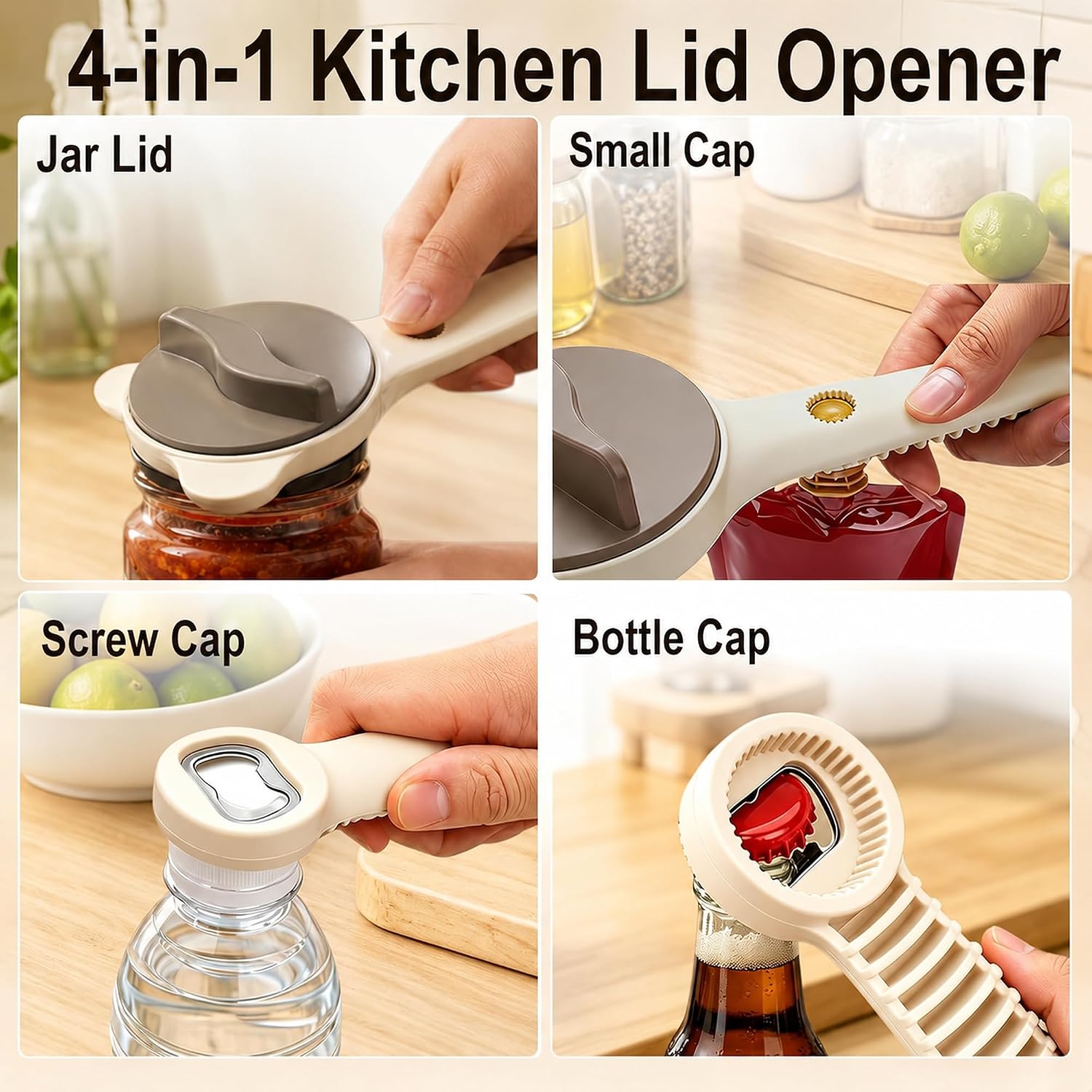 4-in-1 Jar Opener for Seniors with Weak Hands,Adjustable Lid Opener with Stainless Steel Grip Teeth,Easy-Grip Bottle Cap Remover for Common Kitchen Jars,1 Pack