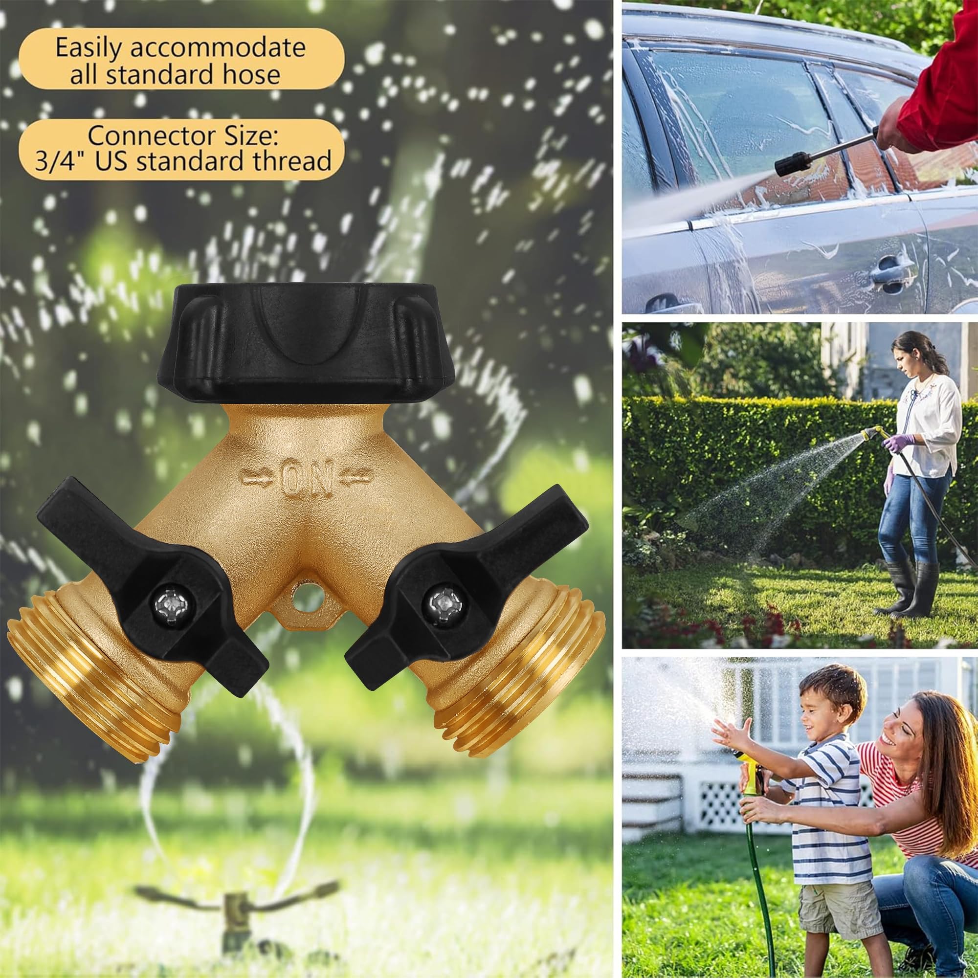 Biswing Splitter per tubo da giardino a 2 vie, connettore in ottone resistente, splitter a Y, 2 valvole con 2 rondelle in gomma extra
