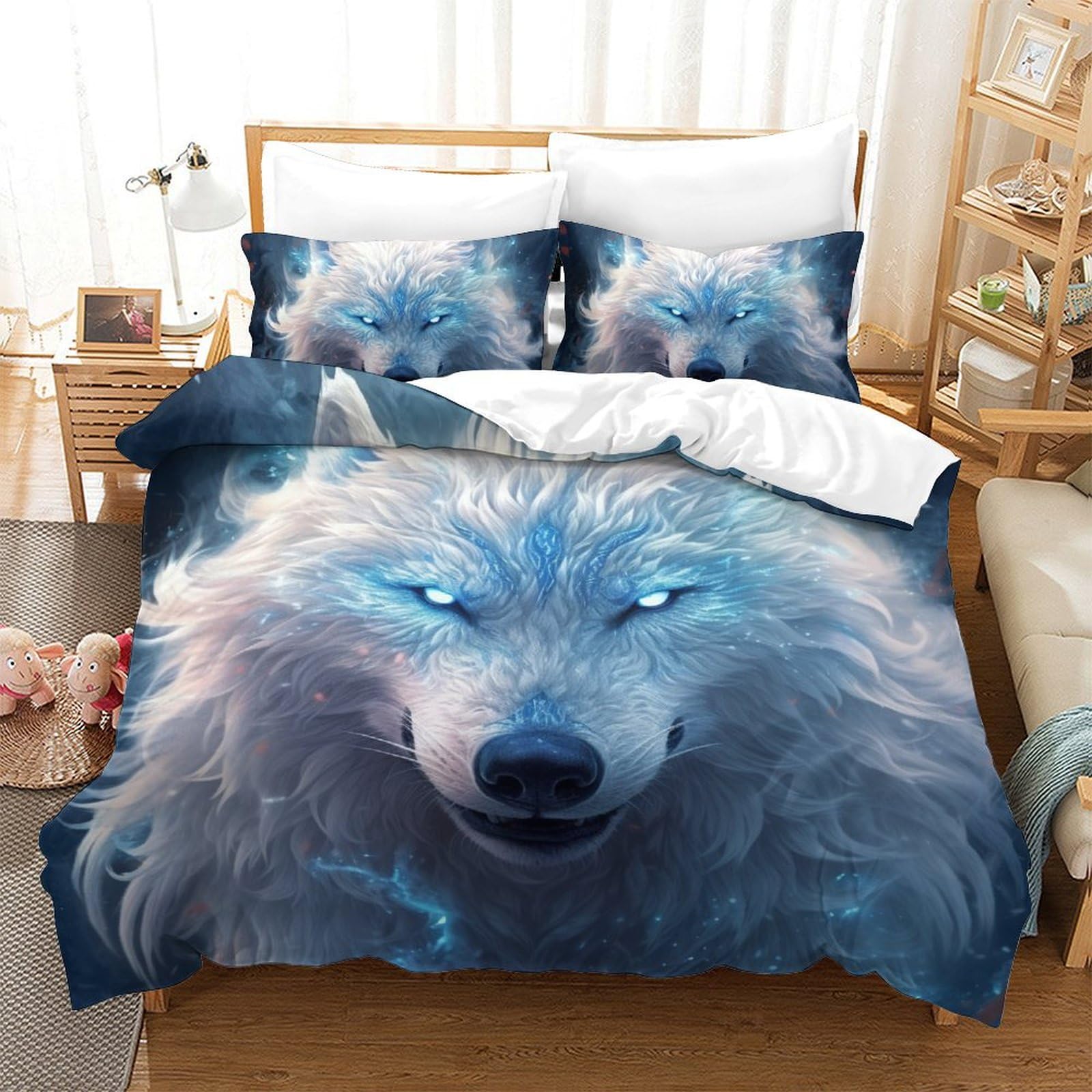 Housse de couette loup 3D 200x200cm parure de lit microfibre enfant ado 3 pièces
