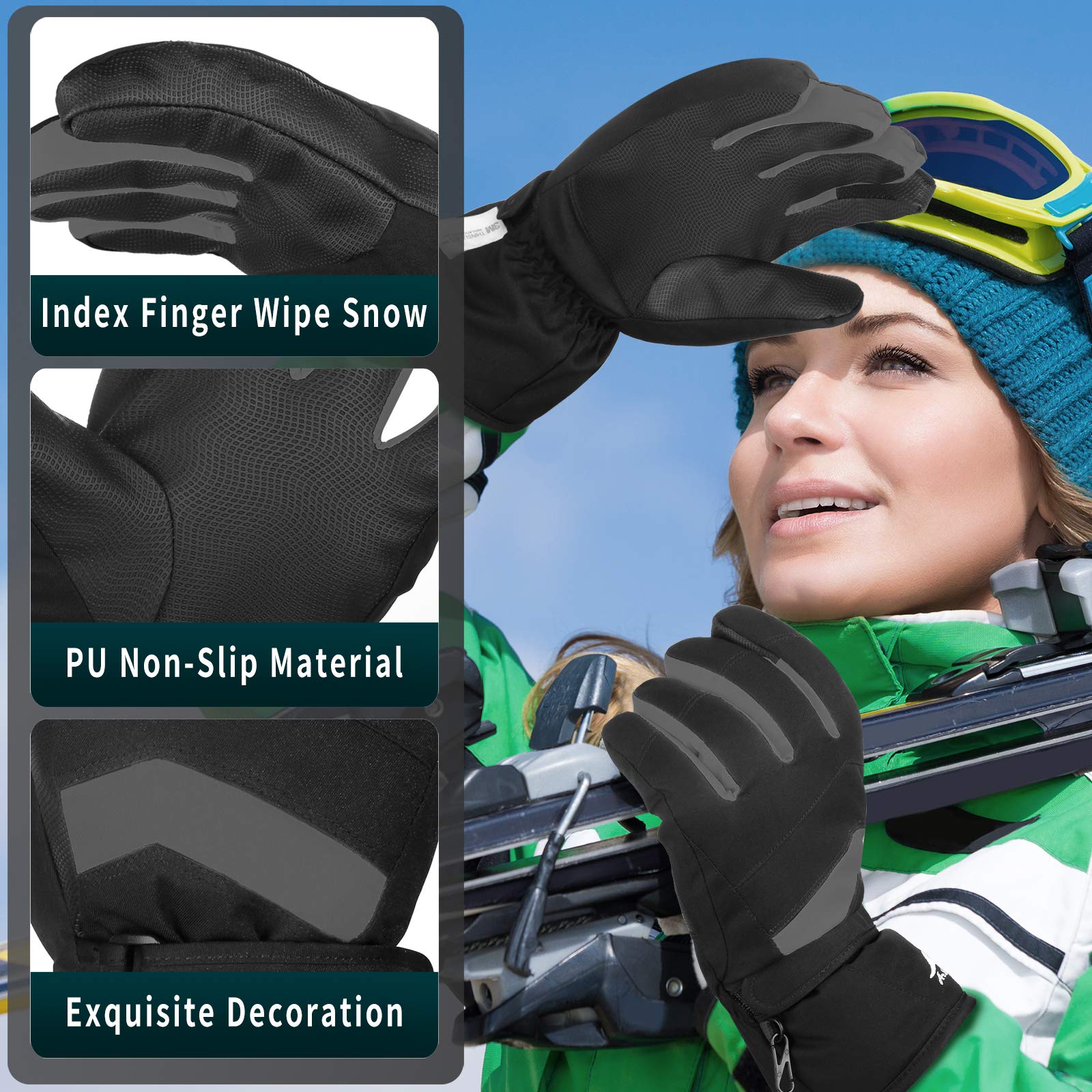 Achiou Gants de ski d'hiver chauds 3M Thinsulate imperméables pour écran tactile homme femme