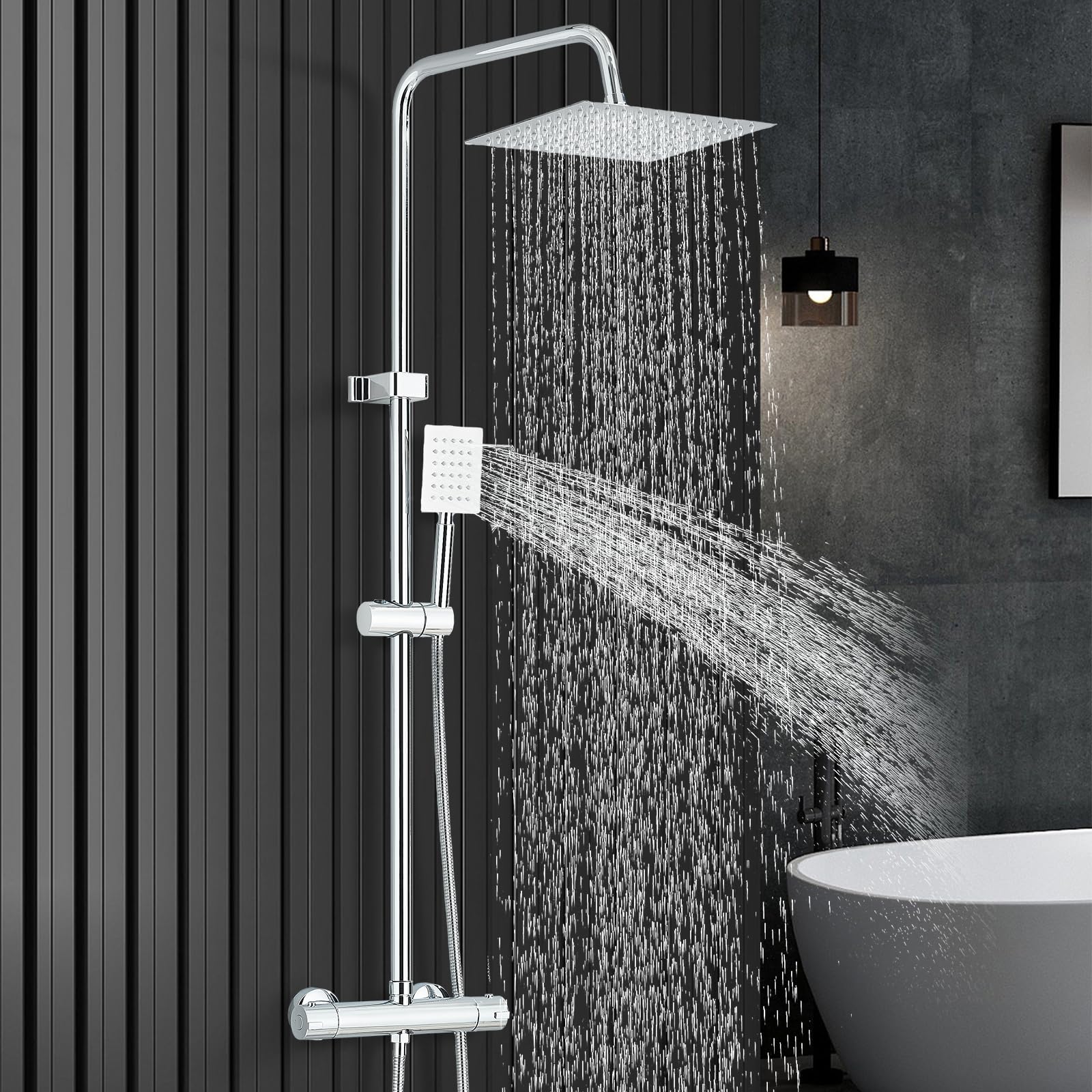 Juego de mezclador termostático de ducha de acero inoxidable y con cabezal de ducha ajustable de 8 pulgadas, doble cabezal, grifo mezclador de baño con ducha, cromado