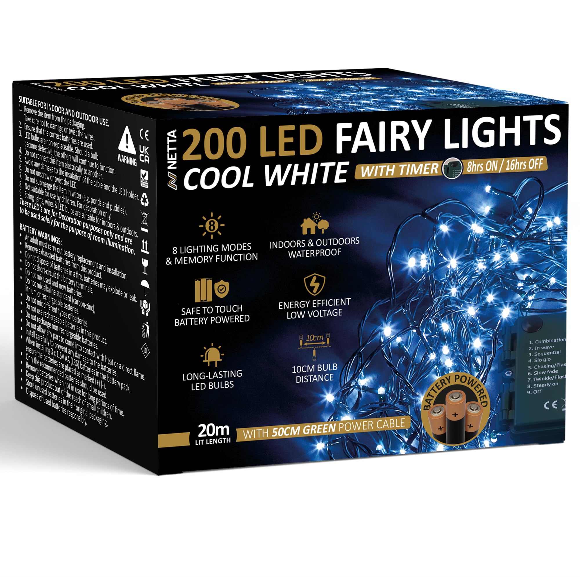 NETTA Battery Operated 200 LED 20M Christmas Tree Fairy Lights with Timer - 8 Different Mode String Lights for Outdoor & Indoor Use - Cool White