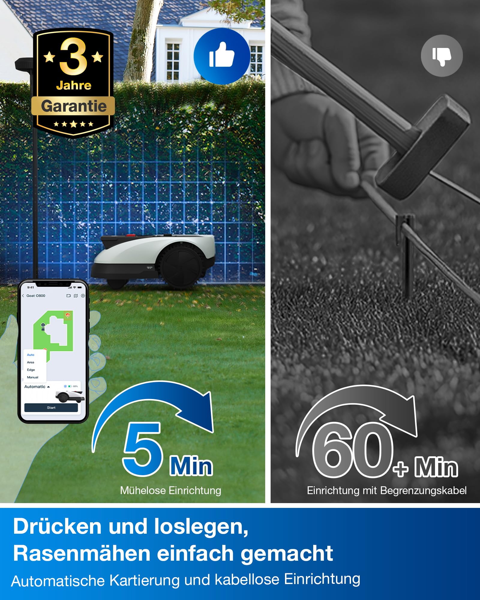 ECOVACS Goat O500 Panorama Mähroboter ohne Begrenzungskabel, 500 m², Auto-Kartierung Rasenmäher Roboter, Setup-frei, LiDAR-unterstützte visuelle Navigation, passiert 0,7m Engstellen, 45% Steigunge