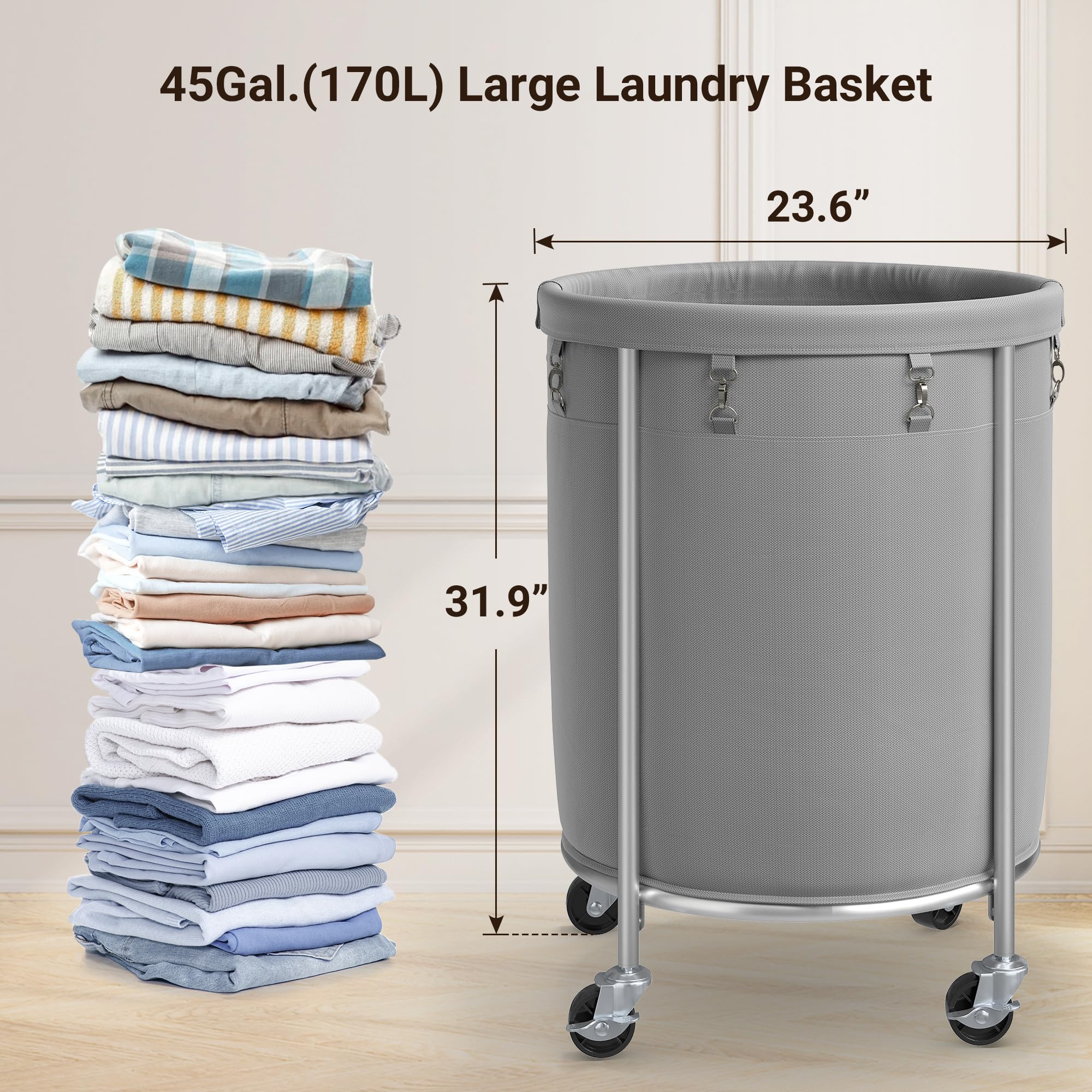 ELYKEN Cesto portabiancheria con ruote, cesto portabiancheria con borsa rimovibile e telaio in acciaio, carrello rotondo con 4 ruote, ideale per camera da letto, bagno, lavanderia, grigio