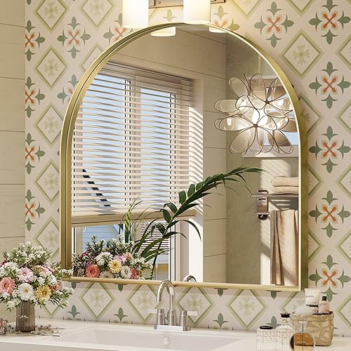 Miniatura 95 de Brightify Espejo arqueado, espejo de pared de arco negro de 26 x 38 pulgadas, espejo de baño negro con marco de metal, espejo de tocador de baño