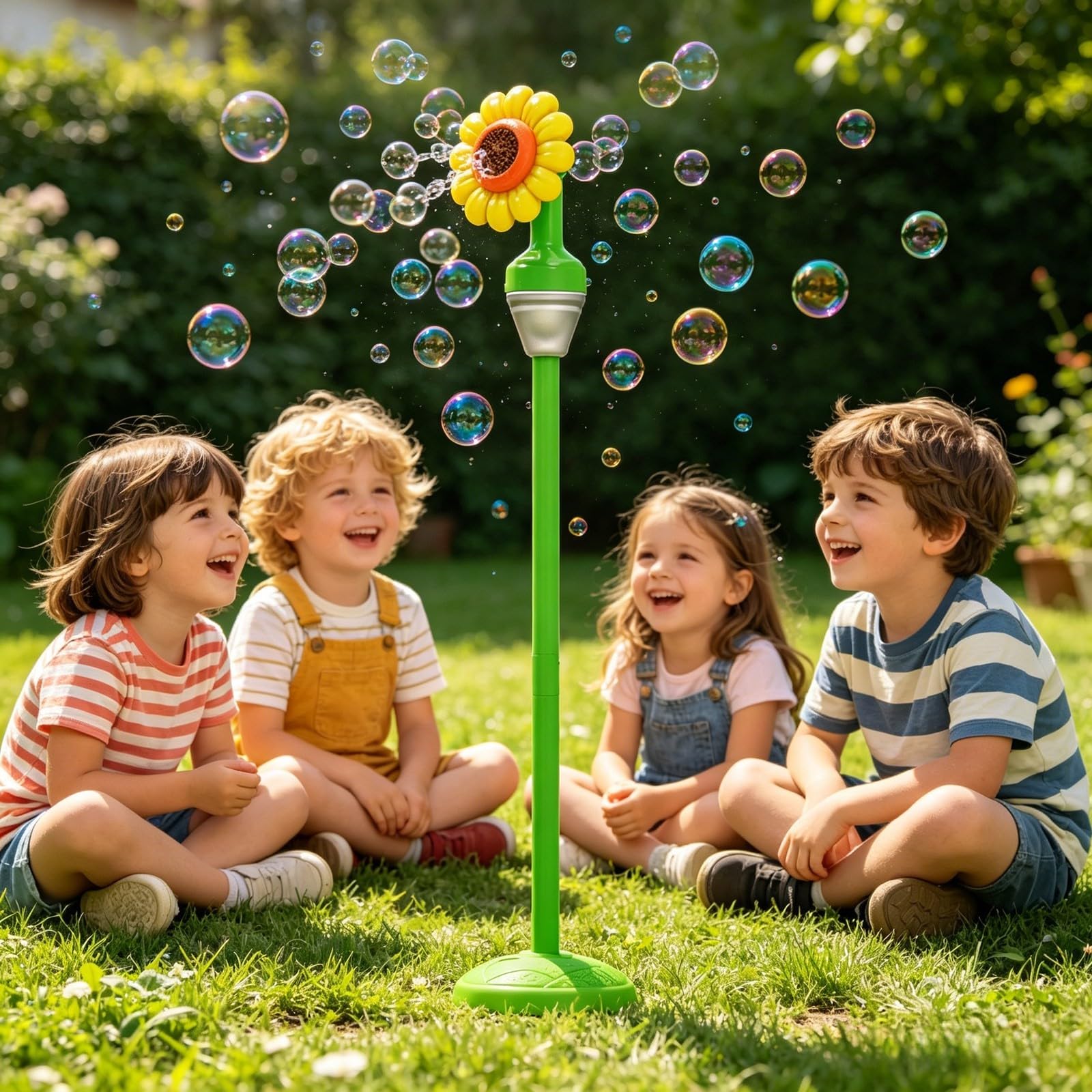 Standing Bubble Machine for Kids Outdoor, Rechargeable Automatic Bubble Maker, Sunflower Garden Torch Lamp with Music and Lights, Height Adjustable Party Toy for Wedding (Yellow)