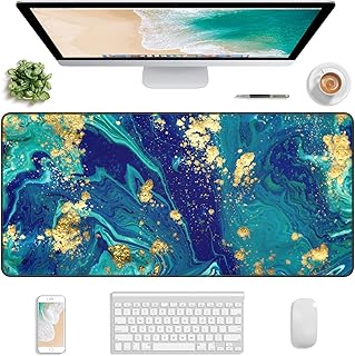 Atufsuat Extended Gaming Mouse Pad, XXL Large Desk Pad 30 x 14 Inch, Big Computer Keyboard Mousepad, Waterproof Mouse Mat with Stitched Edges and Non-Slip Base for Office Gaming, Gold Green Marble