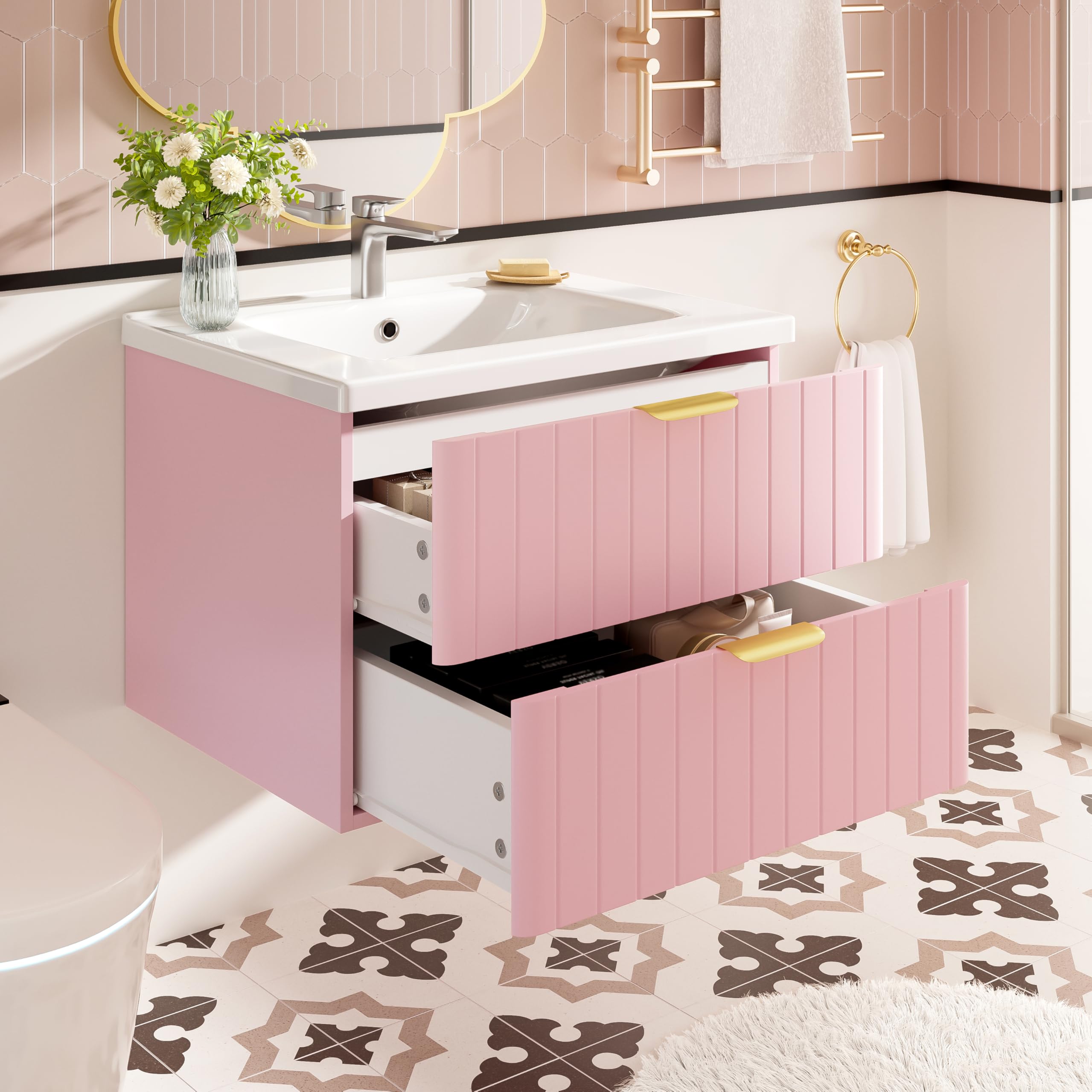 Armario colgante para lavabo individual, 50 x 60 cm, con lavabo, doble almacenamiento, tablero DM resistente a la humedad, color rosa y blanco
