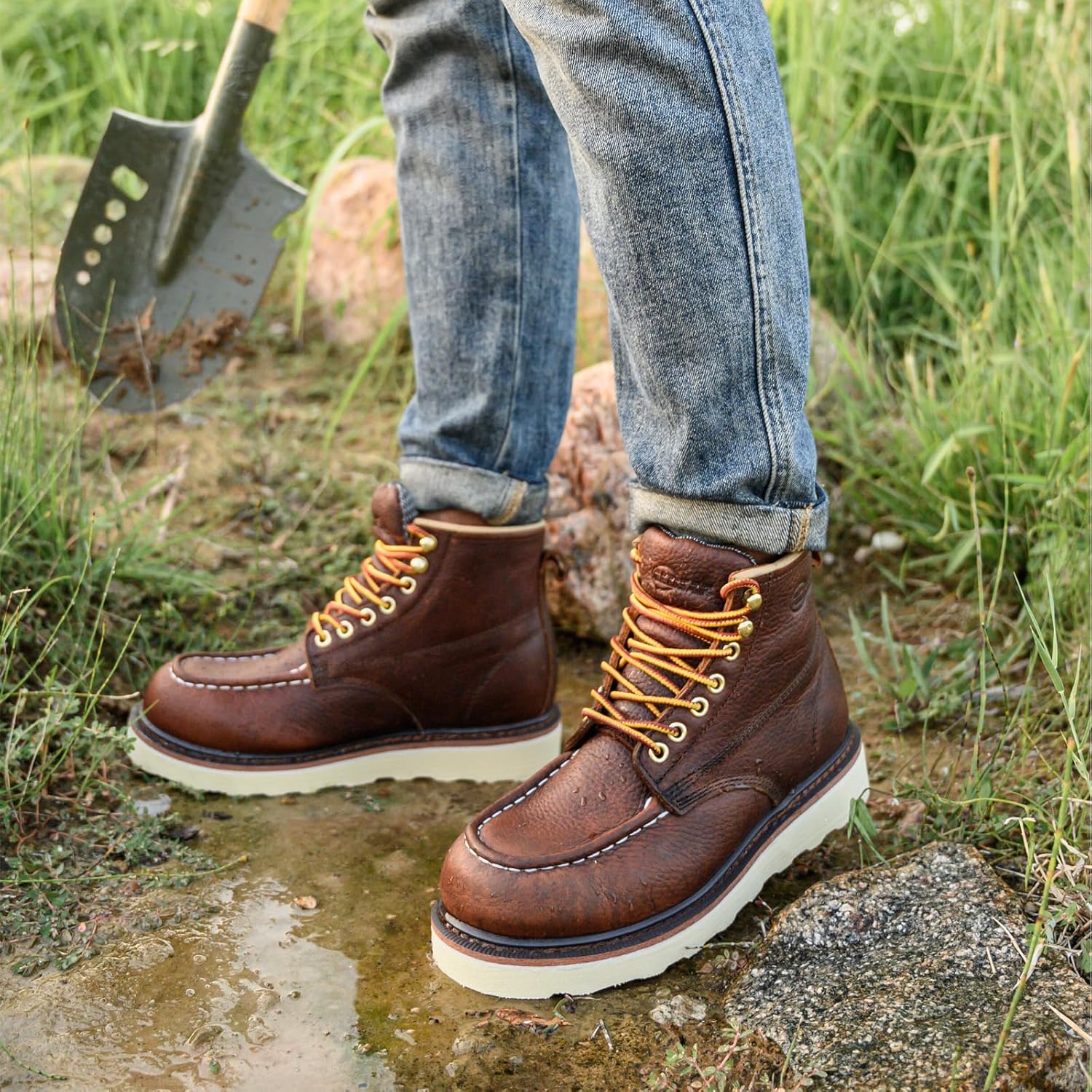 Work Boots for Men - 6 Inch Wedge Soft Toe Mens Work Boots, Waterproof Construction Work Shoes - Image 3