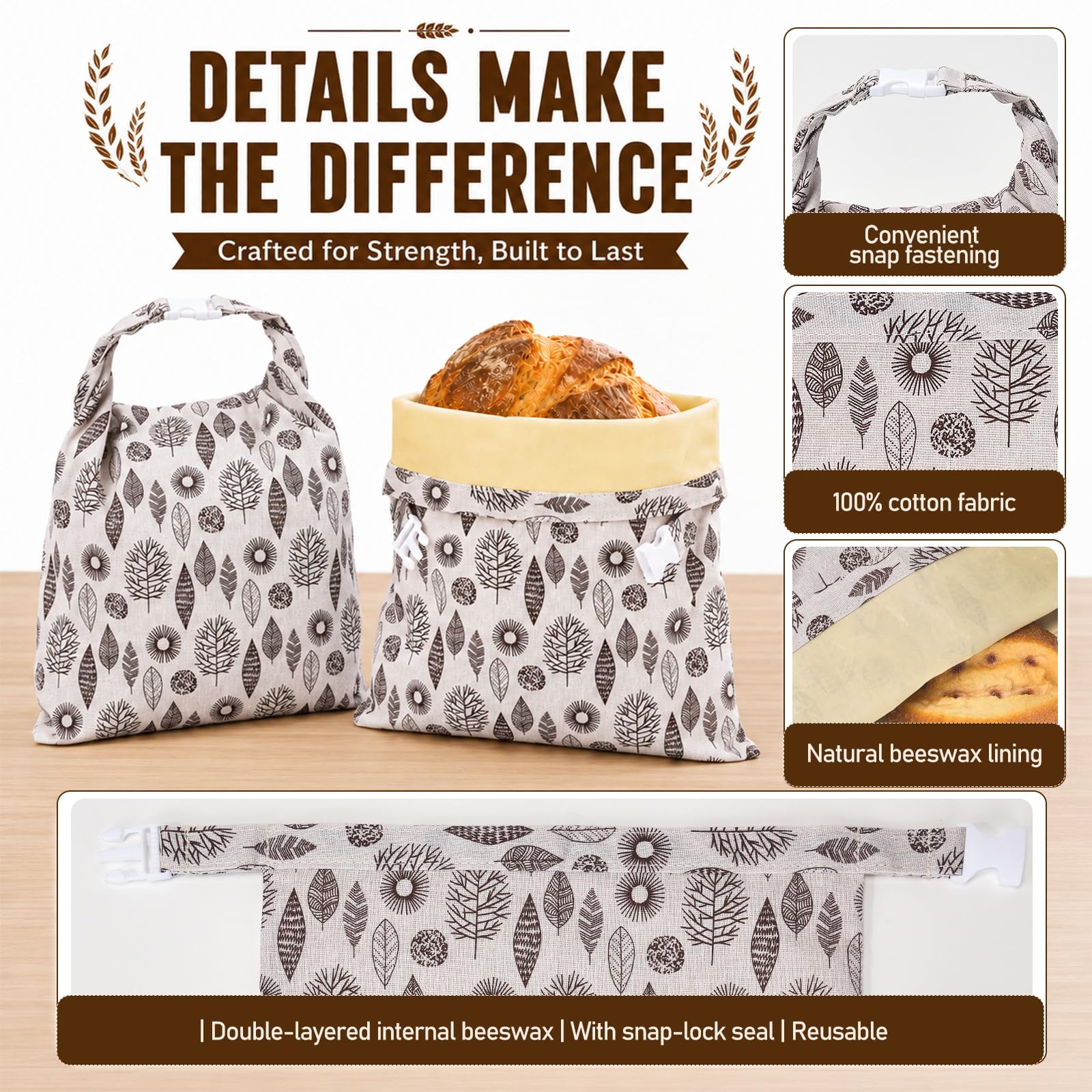 Sacchetti Di Pane in Cera D'api, Borsa Portaoggetti Riutilizzabile in Cotone Naturale, Per Congelatore E Frigorifero, Grande Capacità E Lavabile Per Fatti in Casa, Panetteria, Picnic (B,2 PACK)