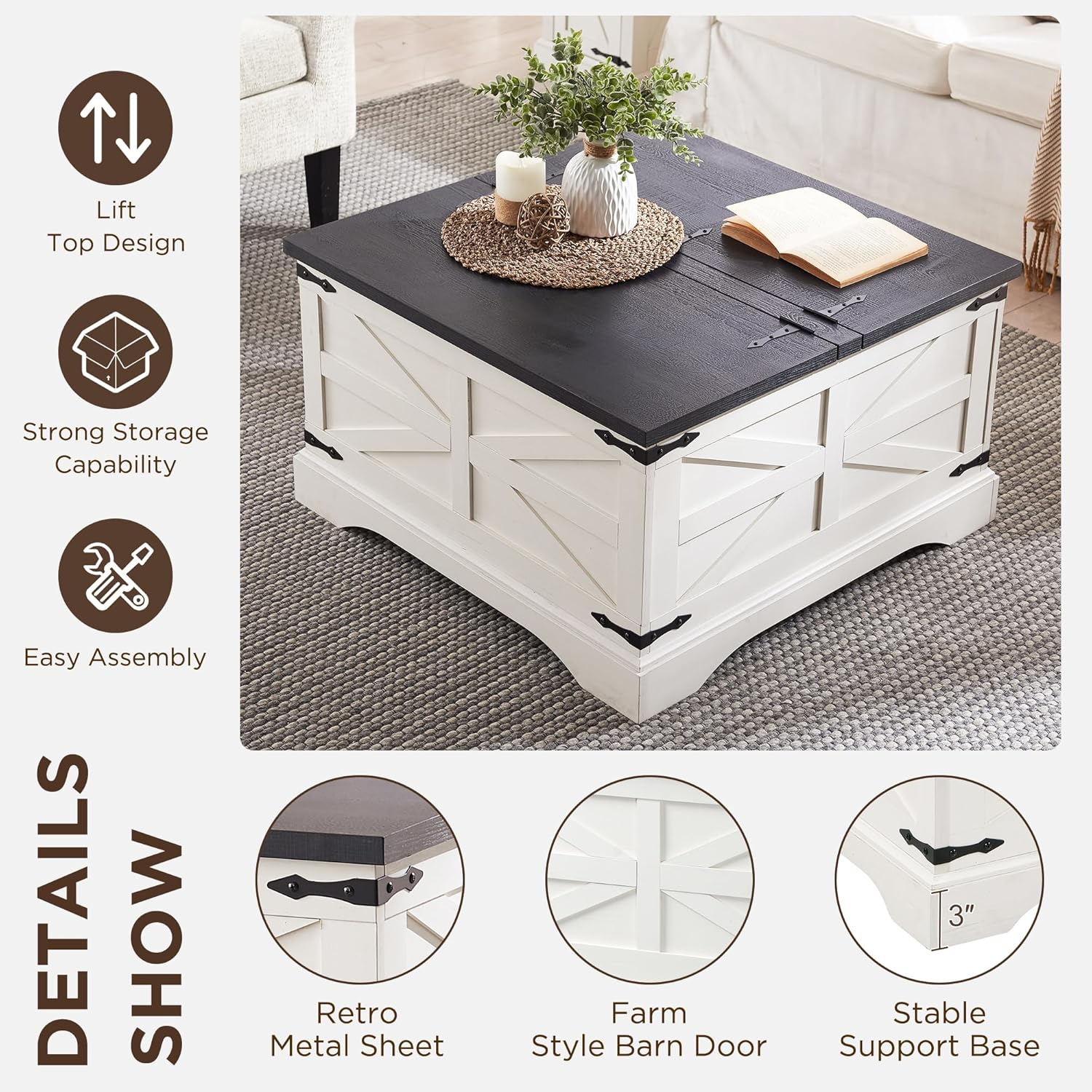 JXQTLINGMU 36" Farmhouse Lift Top Coffee Table with Storage, Wood Square Center Table with Large Hidden Compartment, Rustic Lift Tabletop Dining Table for Home Living Room, White