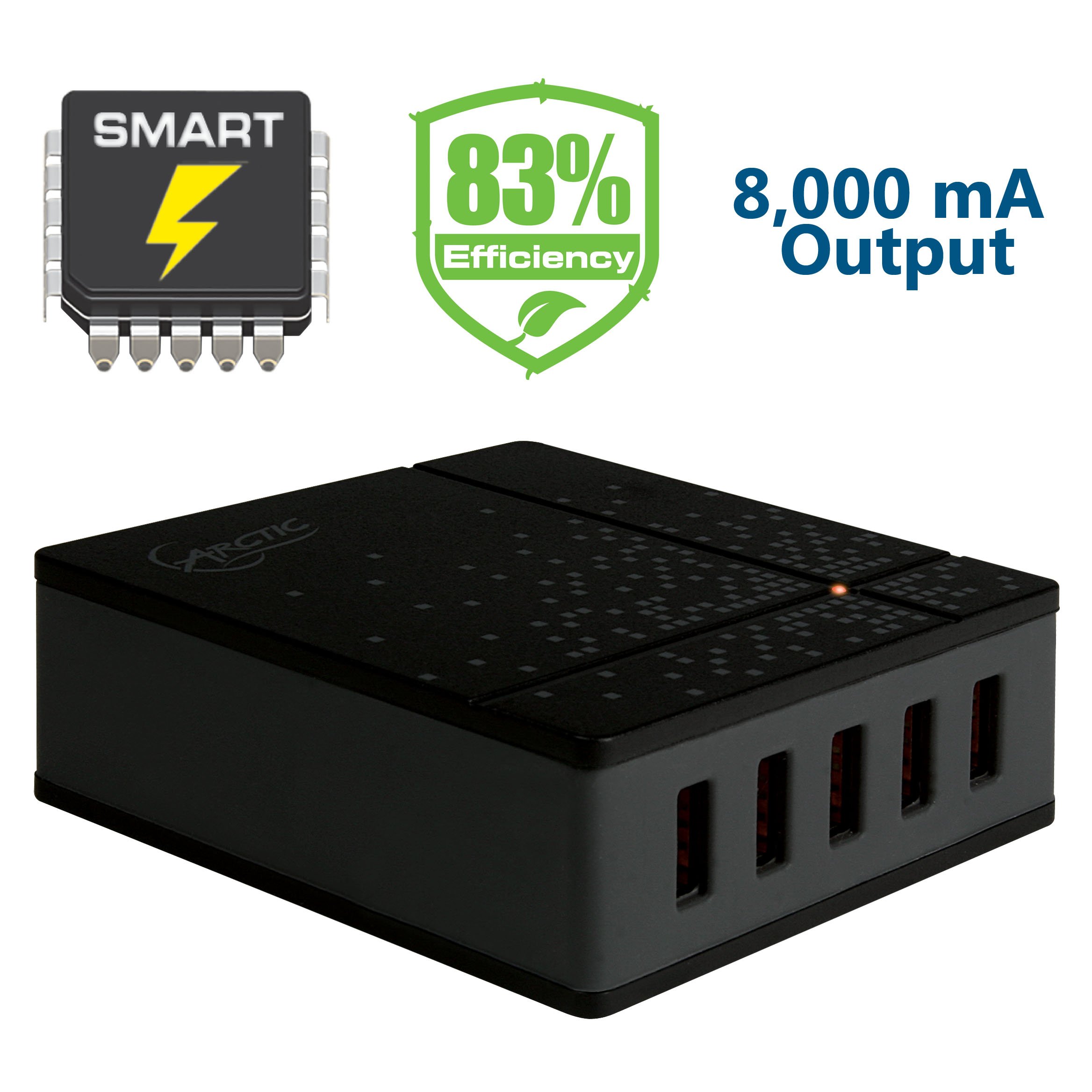 ARCTIC Smart Charger 8000 - Multiple USB Desktop Charger - 5-Port USB Fast Charger with Smart Charging Technology for Smartphones, Tablets and USB Devices - Black