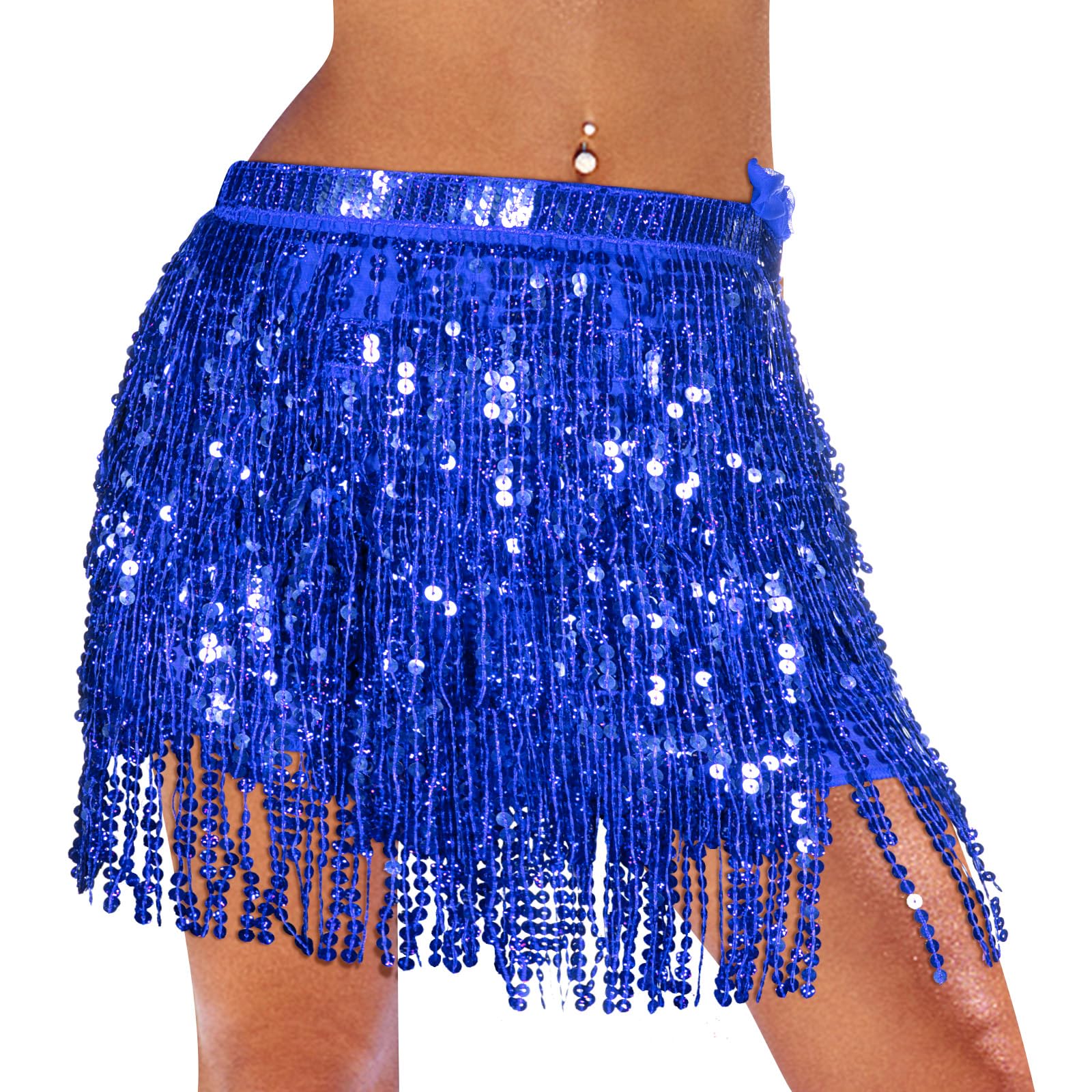 QKEPCY Paillettenrok voor vrouwen en meisjes, buikdans met kwasten, glitter, carnavalsmode, festival dans-performance, Roze, Eén maat