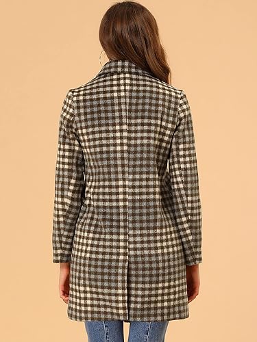 Vista 5 de Allegra K Abrigo largo a cuadros de mezcla de lana elegante de invierno con cuello de rotación para mujer