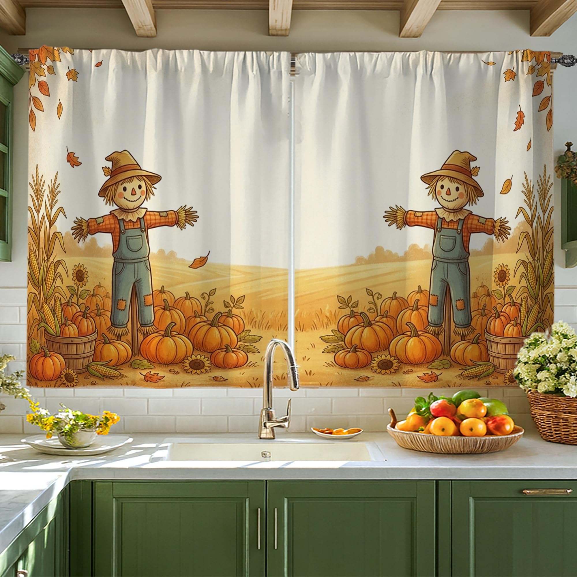 Rideaux de cuisine épouvantail et citrouilles pour sublimer votre évier cet automne