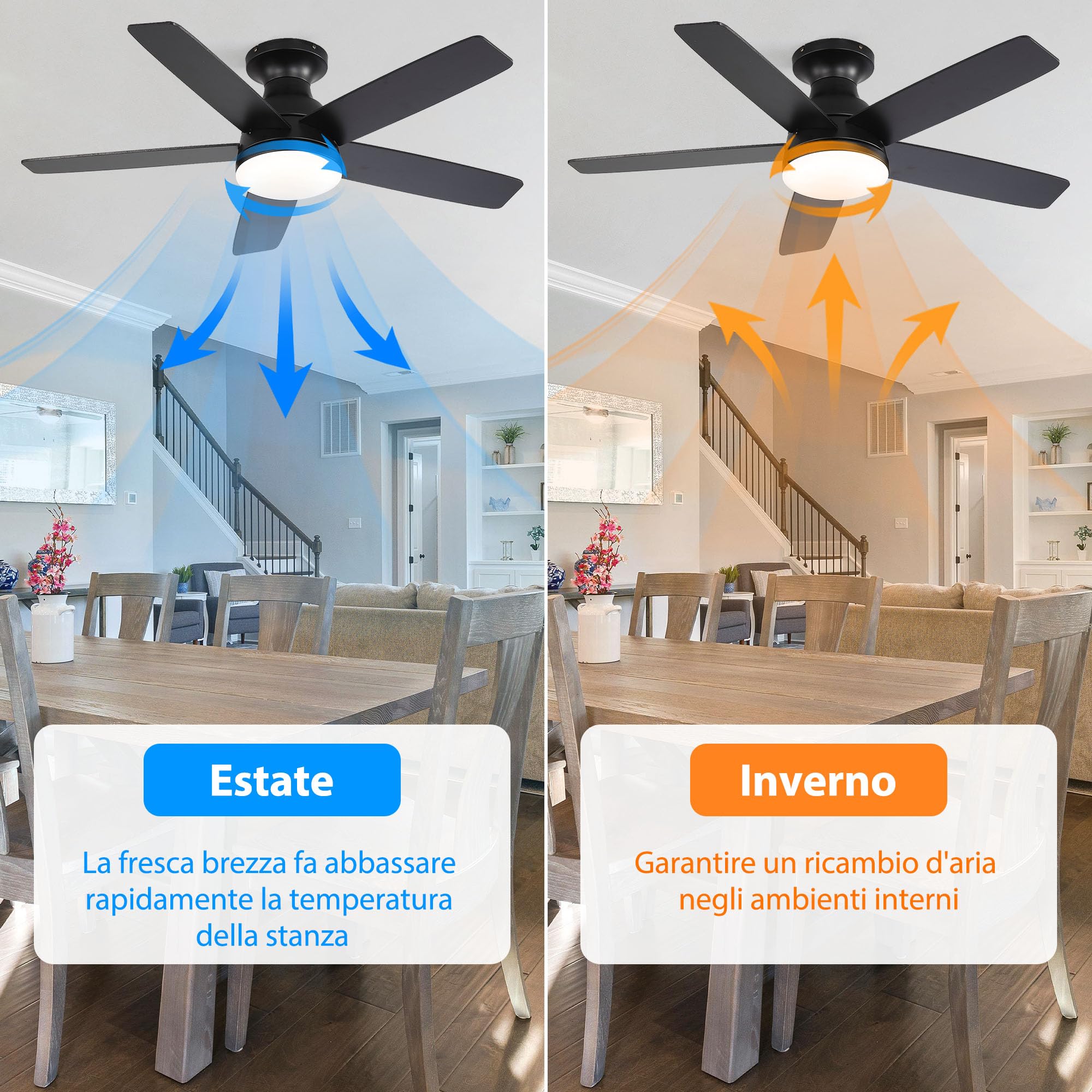 OZENAOS Ventilatore da Soffitto con Luce 112 cm, Motore DC Silenzioso con Telecomando, 6 Velocità, Timer, 3 Luci Dimmabili, Nero per Soggiorno Camera