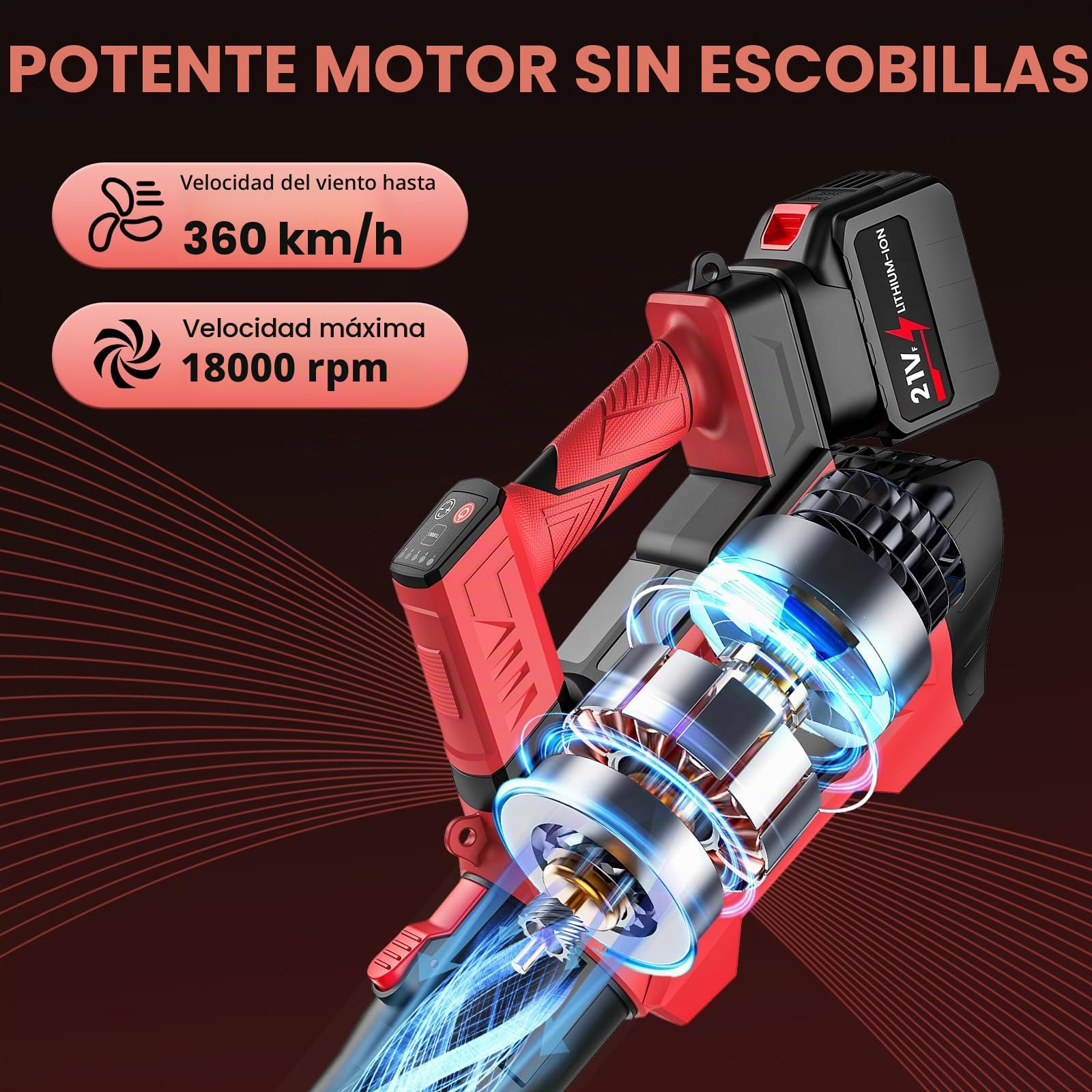 Soplador a Batería 21 V, Soplador de Hojas con 2 X 4,5 Ah Baterías | 5 Velocidades & Turbo Mode, Motor sin Escobillas 360 km/h, 18 000 RPM, Manguera Desmontable, para Jardín, Nieve, Polvo