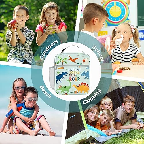 Miniatura 7 de Clastyle Bolsa de almuerzo aislada de dinosaurio verde para niños, bolsa de almuerzo térmica grande portátil para niños y niñas, bolsa de almuerzo