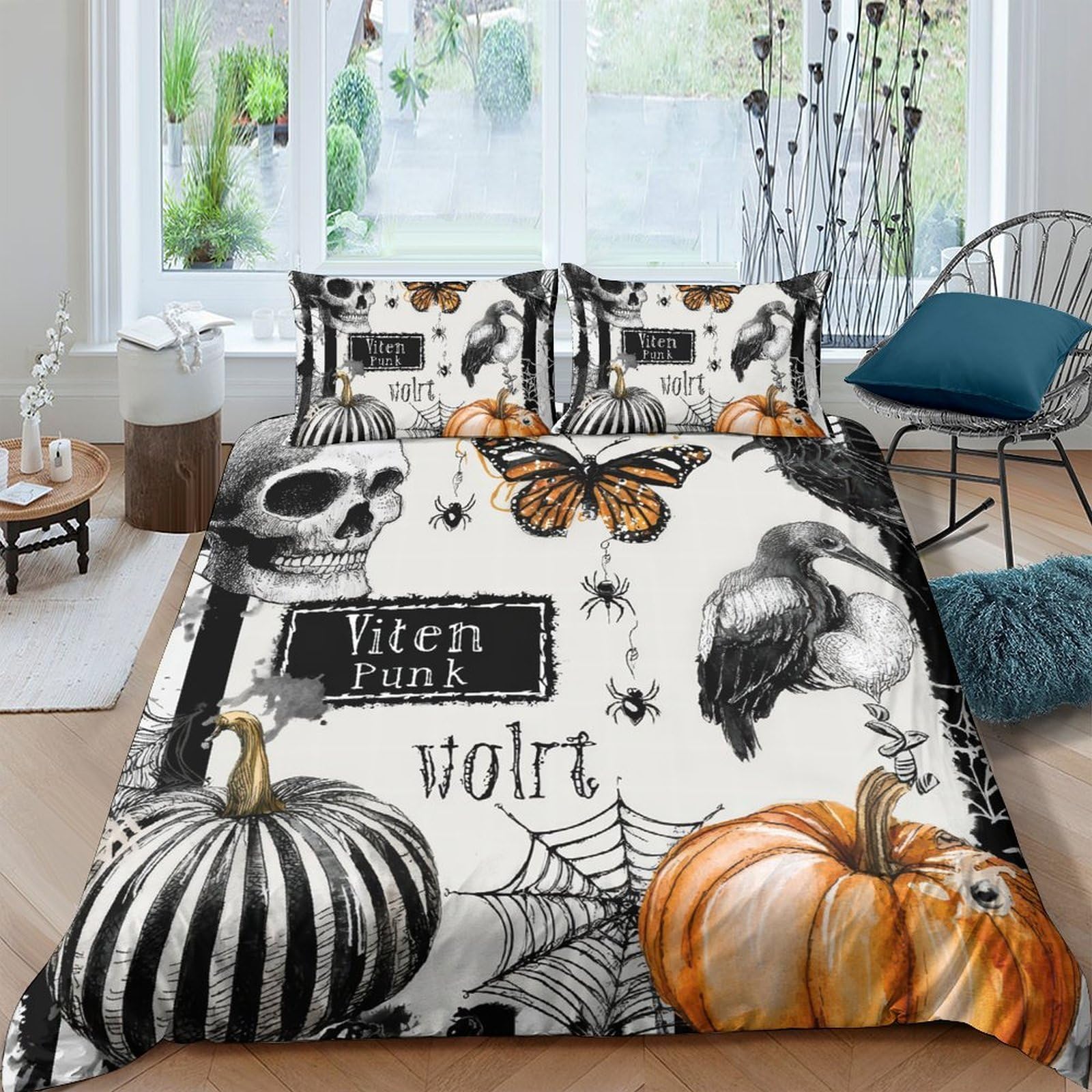Ctjqhvkz Style-3 3D Printed Halloween Skull Fitted Sheet Microfiber Orange Pumpkin Spider Mattress Cover For Bedroom Guest Room Decor Single（135X200cm）
