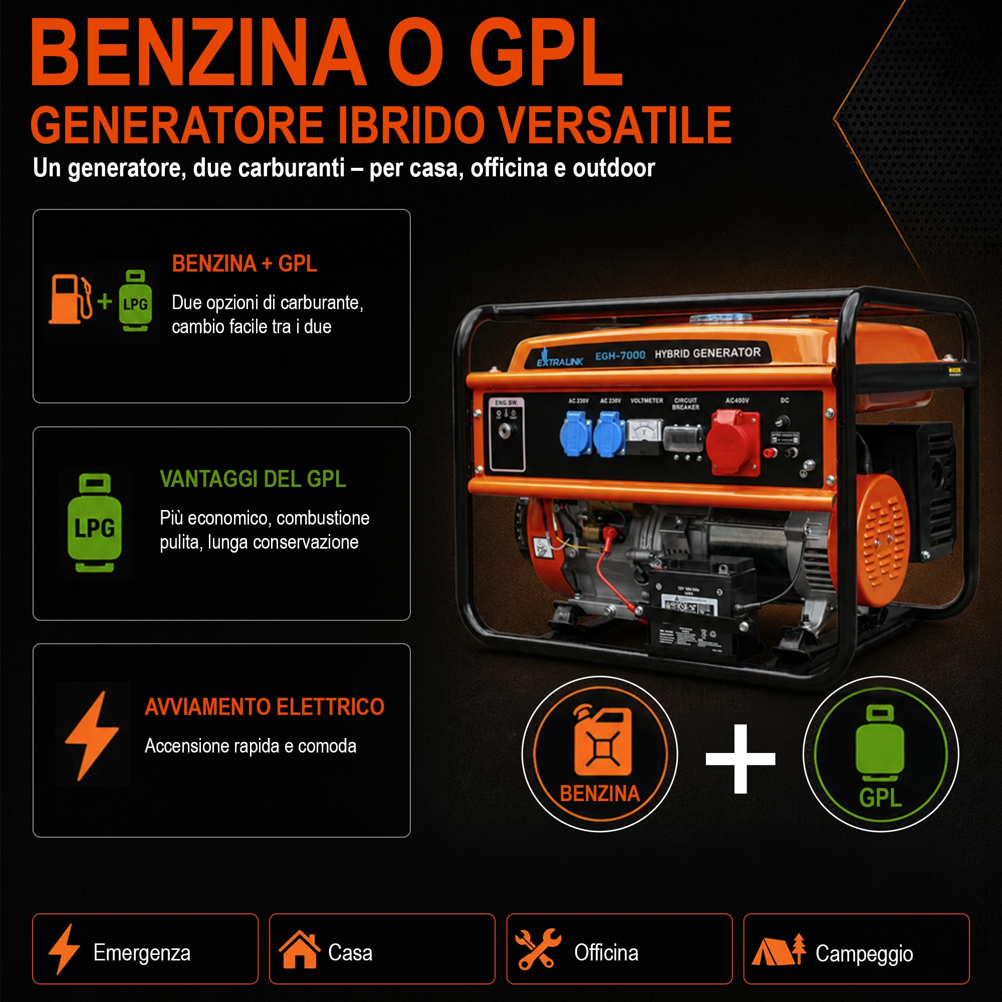 EXTRALINK EGH-7000 Generatore di corrente ibrido GPL CNG benzina 7 kW 3F 7000 W Capacità serbatoio 25 l Sistema di protezione da sovraccarico Easy-Start 2 x AC 230 V